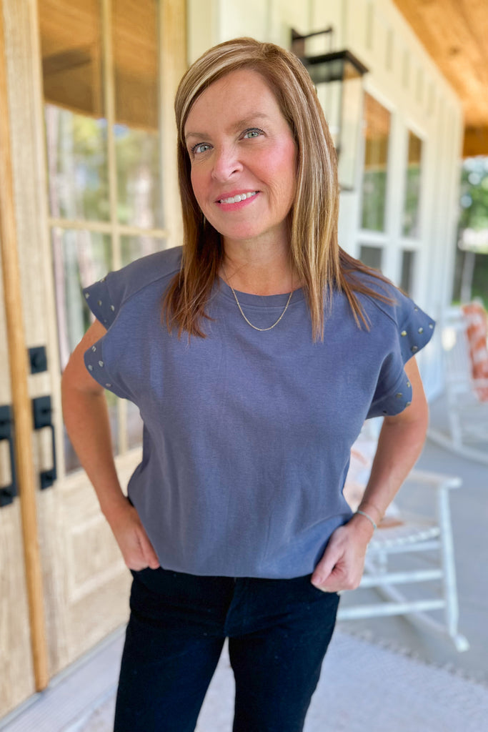 Elijah Short Sleeve Round Stud Detail Neck Top - Be You Boutique