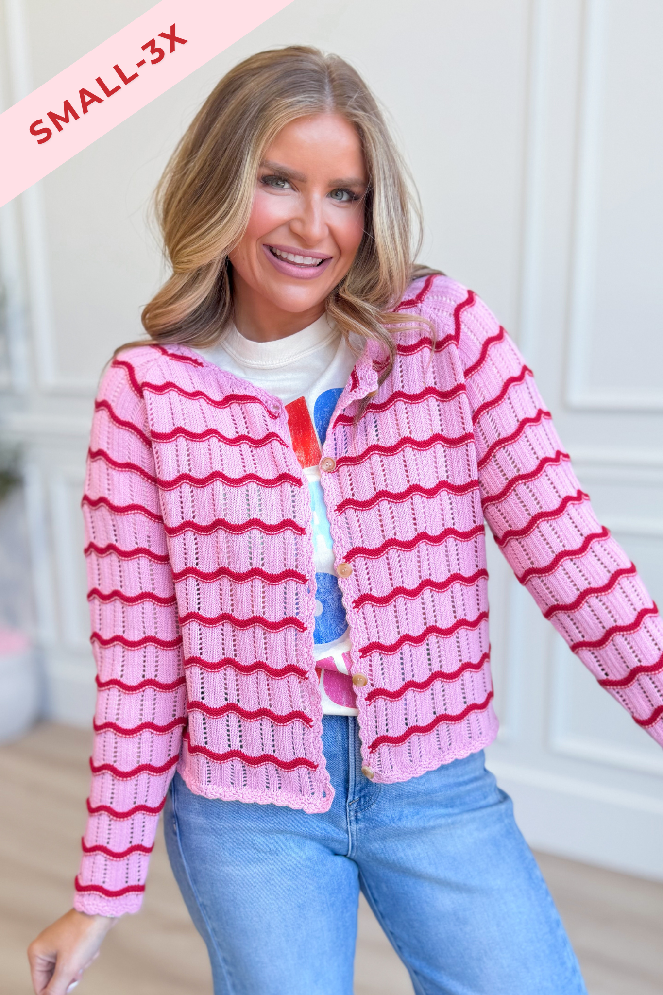 Pink crochet knit cardigan from BAEVELY's Sarah 131 Spring Sweaters collection, featuring a cozy, textured design.