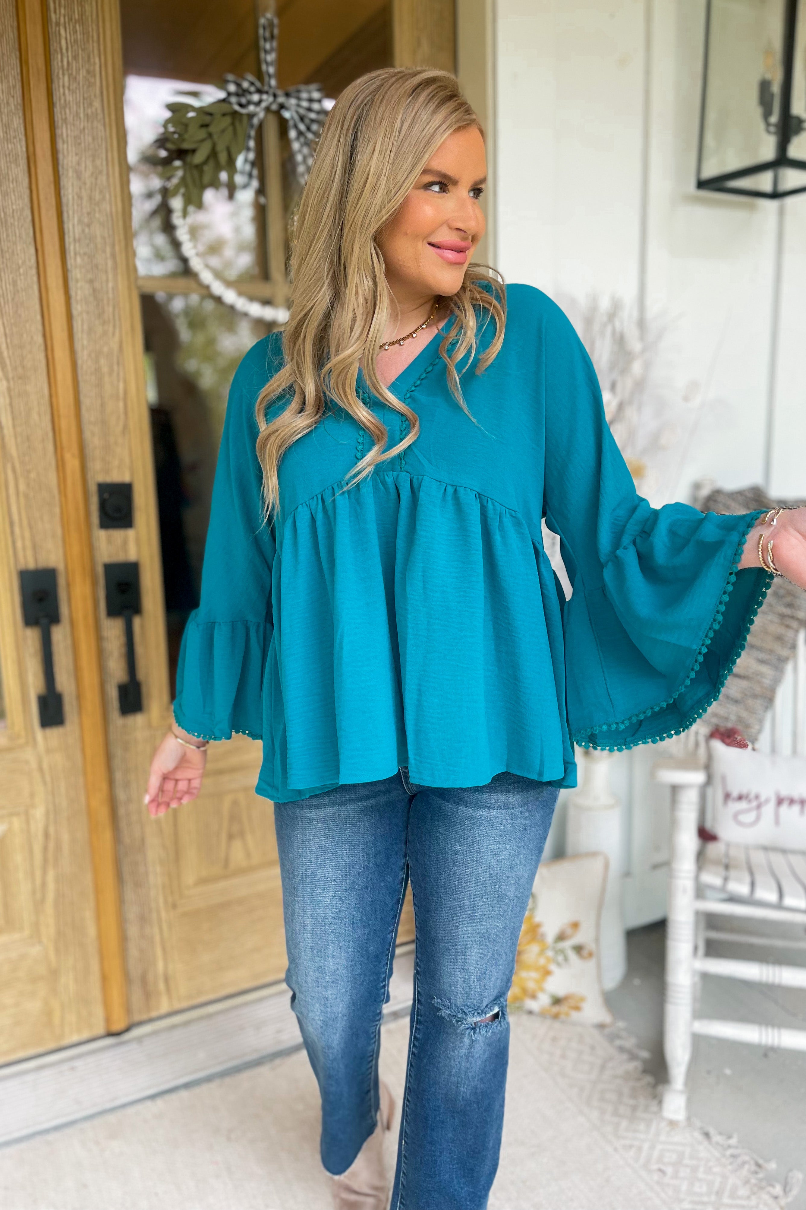 Tiana V Neckl Long Bell Sleeve Blouse Top - Be You Boutique