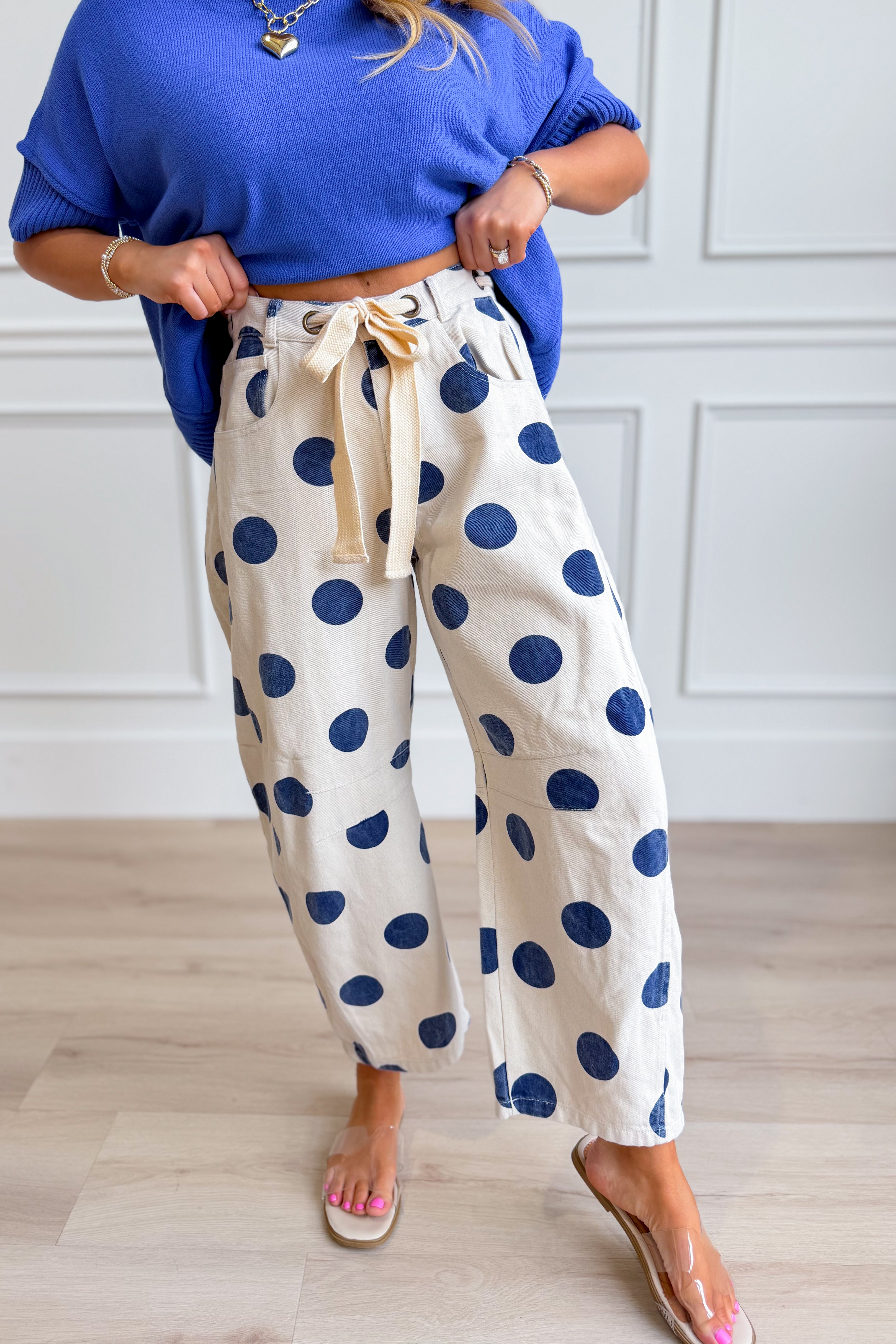 PEACH LOVE Logan Polka Dot Barrel Jeans featuring a novelty polka dot pattern, classic fit, and stylish denim design.