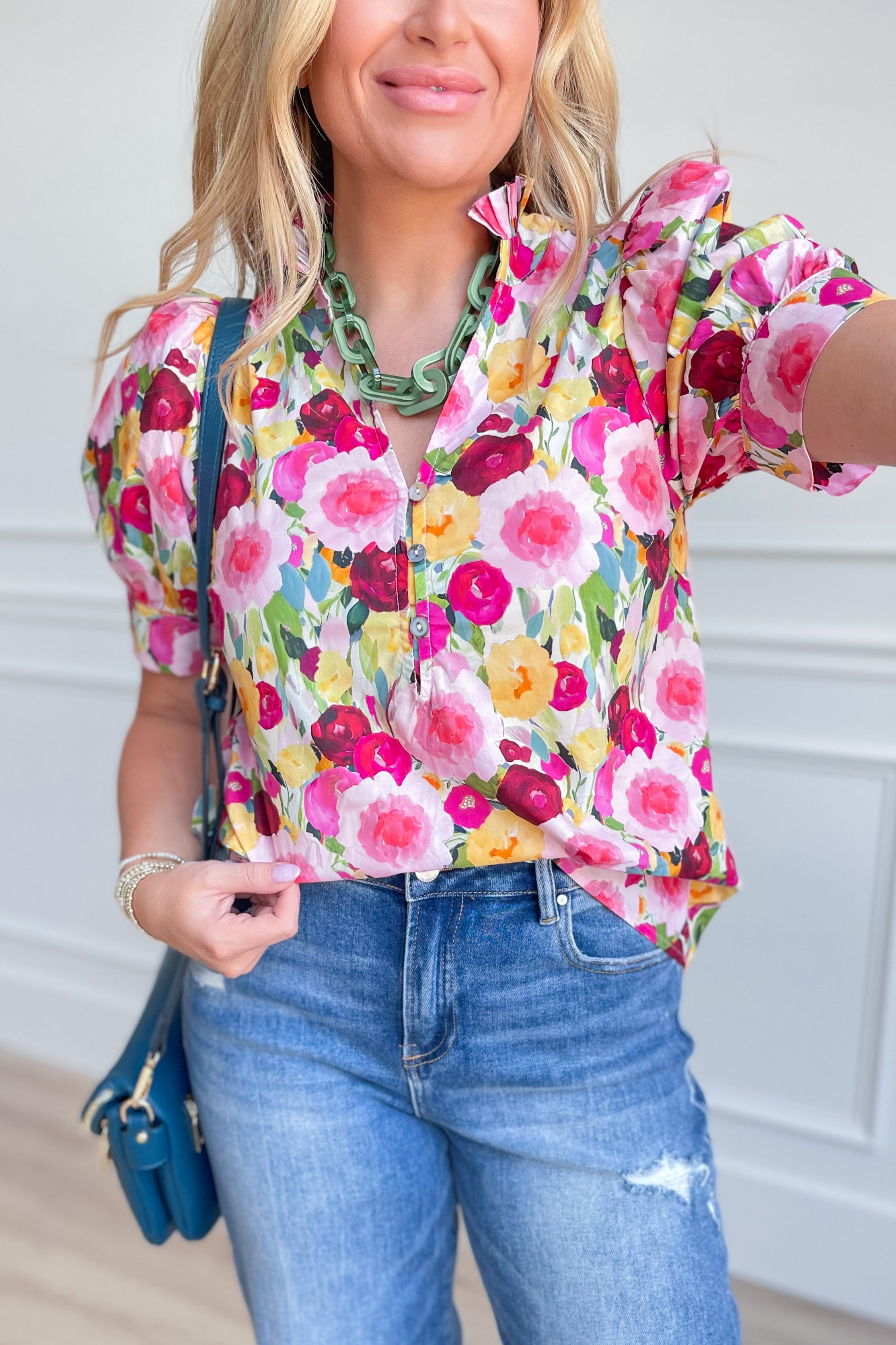 Kenzie Floral Print Split Neck Top – Be You Boutique