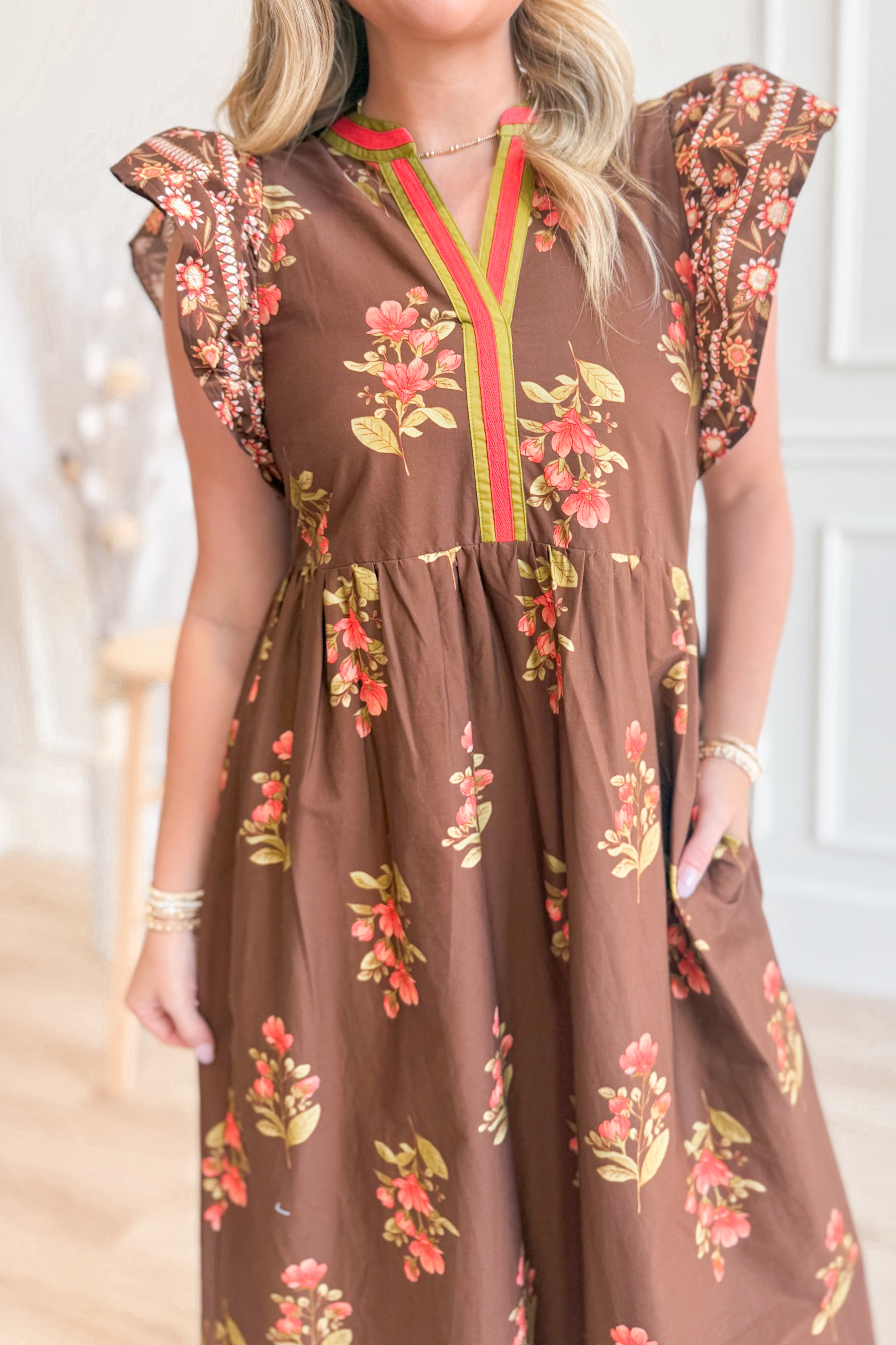 Laura Flutter Sleeve Printed Trim Dress - Be You Boutique