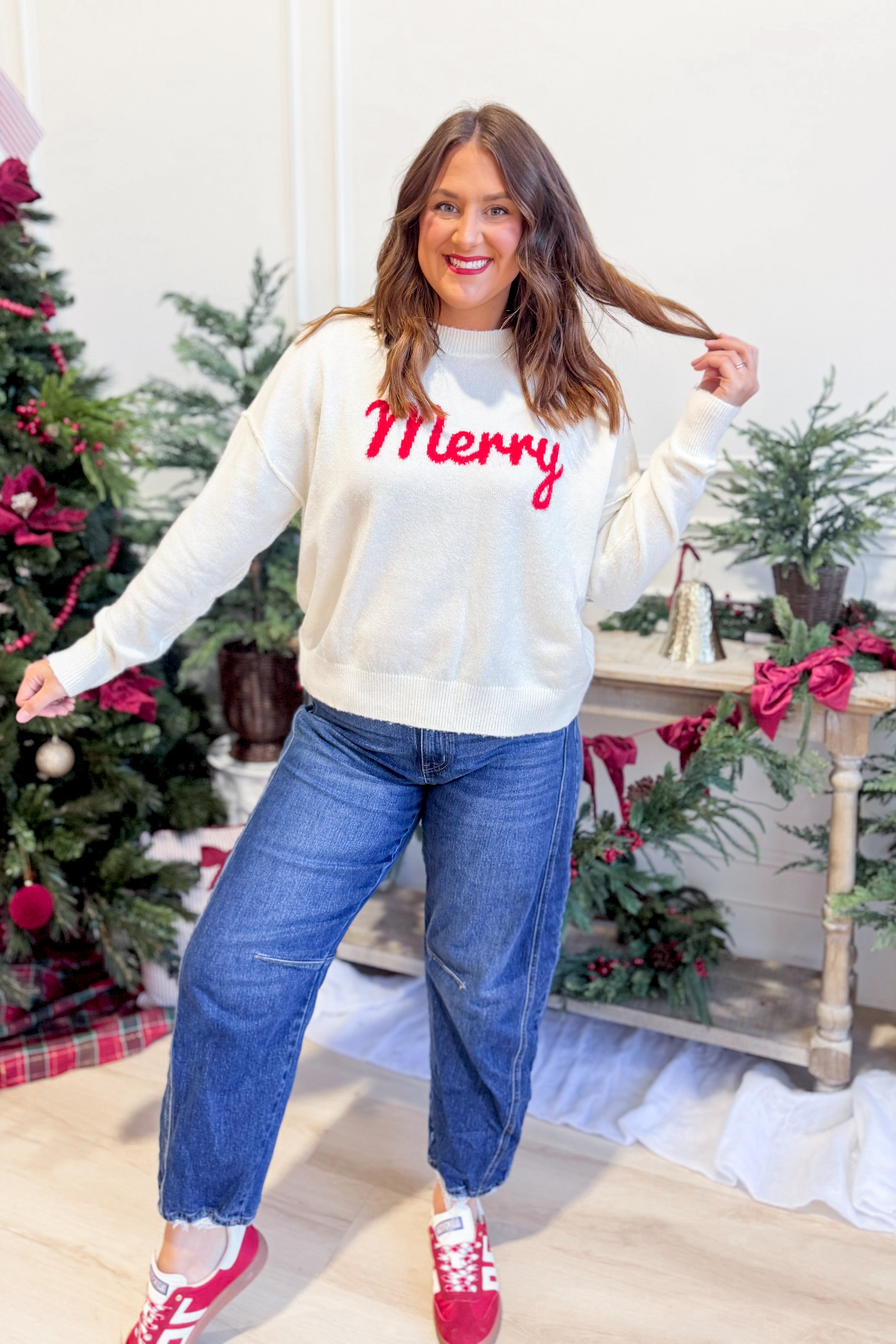 Wishlist Lottie Merry cursive holiday sweater, cozy knit design with festive text lettering