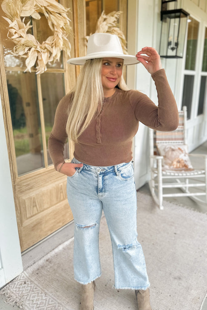 Maddi Mineral Washed Henley Long Sleeve Bodysuit - Be You Boutique