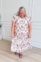 ENTRO Frankie floral printed split neck midi dress, stylish dressy dress with a flowy silhouette and vibrant floral pattern.