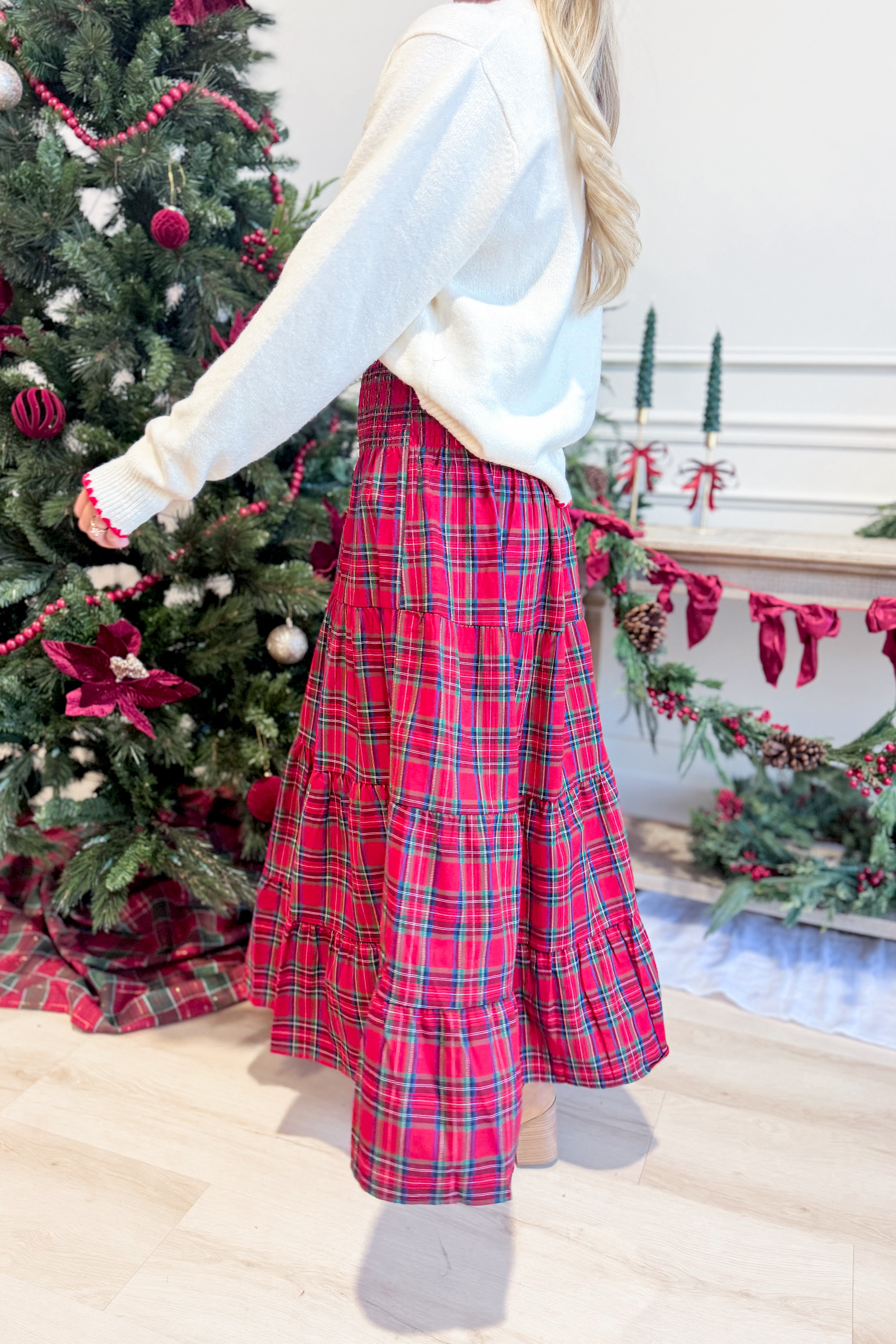 TWENTIFOURTH Sutton plaid tiered midi skirt with a flowy, layered design in a classic plaid pattern.