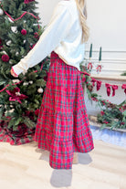 TWENTIFOURTH Sutton plaid tiered midi skirt with a flowy, layered design in a classic plaid pattern.