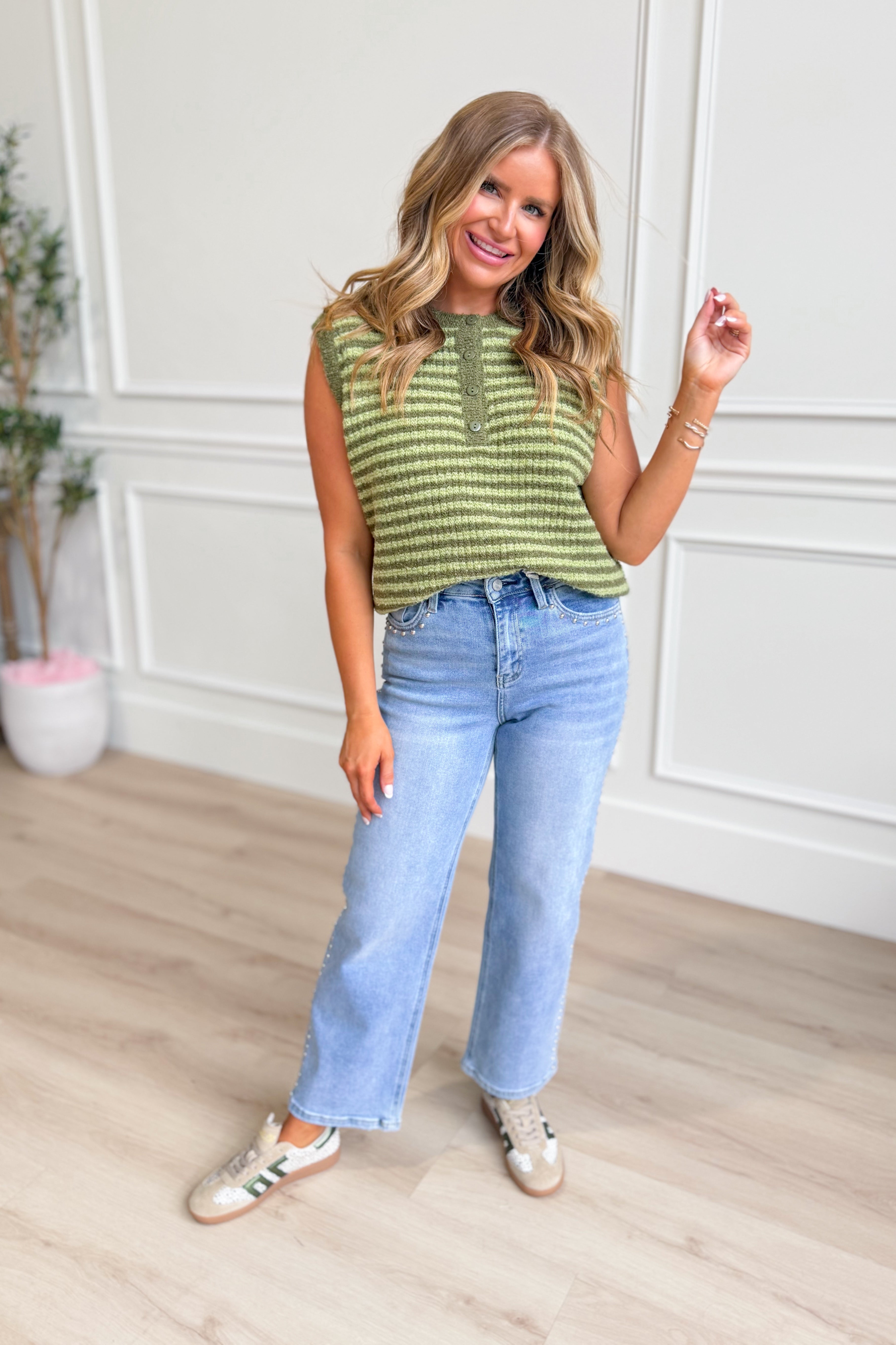 TWENTIFOURTH Terri Lime Striped Henley Sweater, a 132 Fall Sweater with lime green and white stripes, crew neck, cozy knit fabric.
