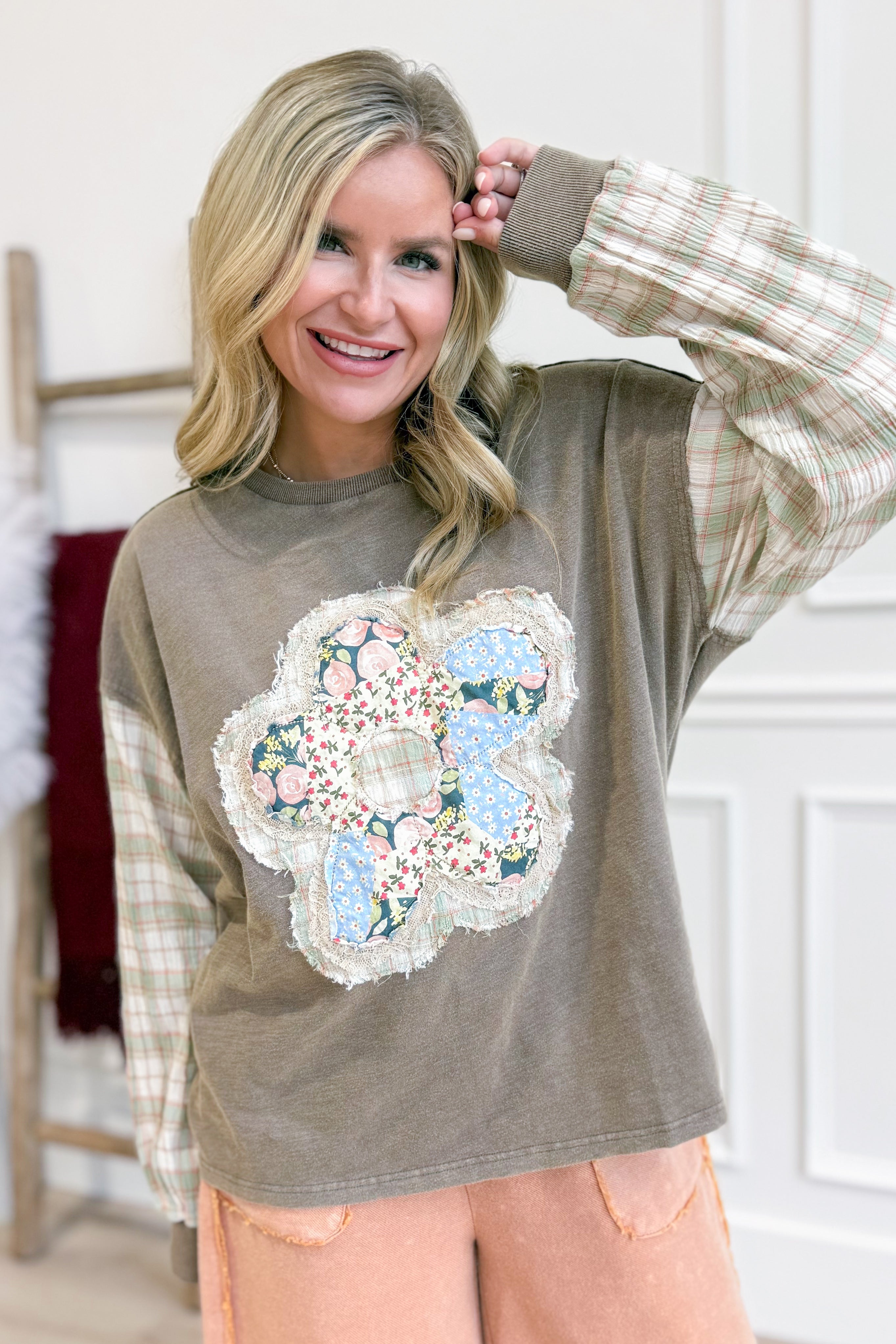 Sonya Plaid Sleeve Flower Patch Top - Be You Boutique