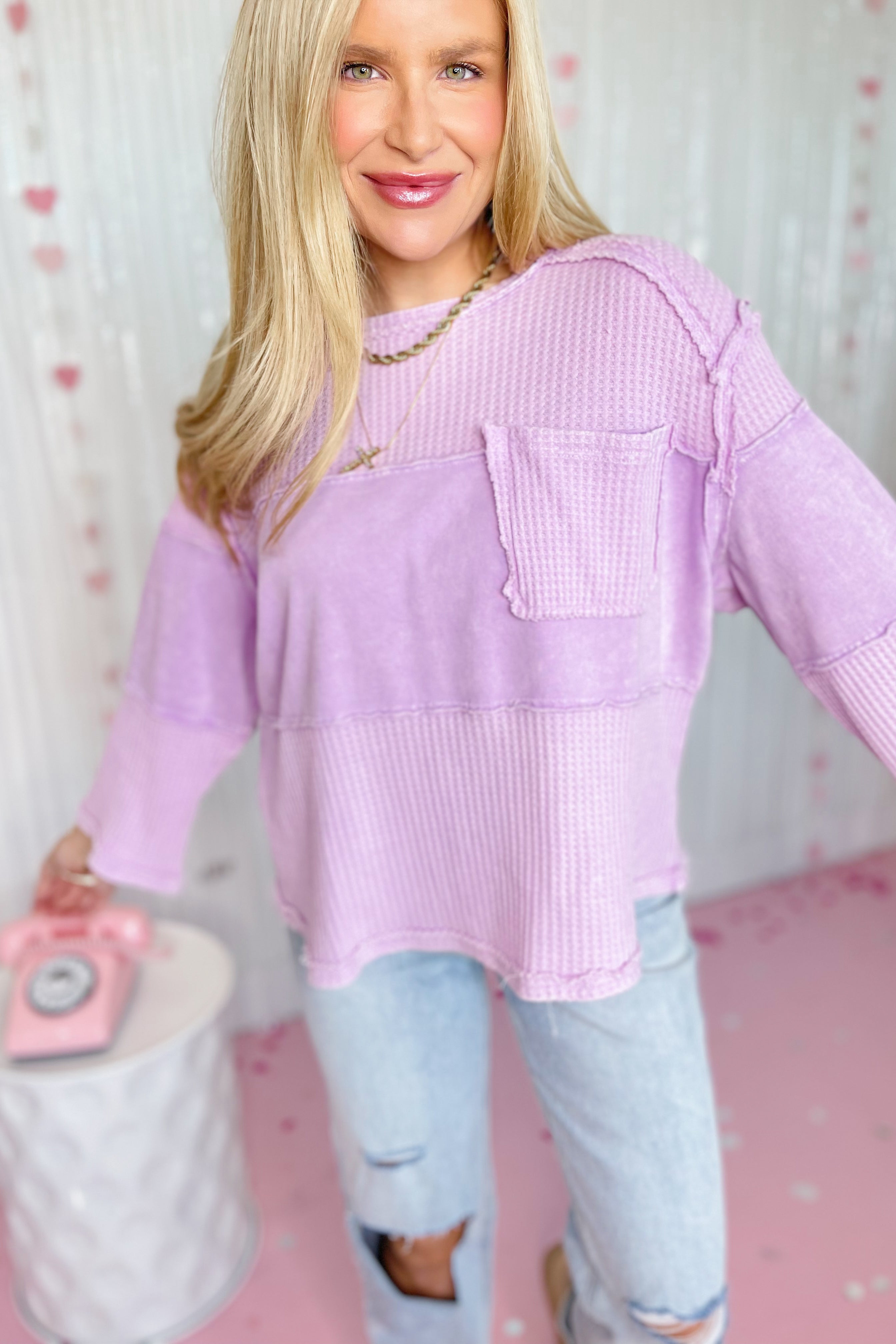 Lily Thermal Mix 3/4 Sleeve Washed Top - Be You Boutique