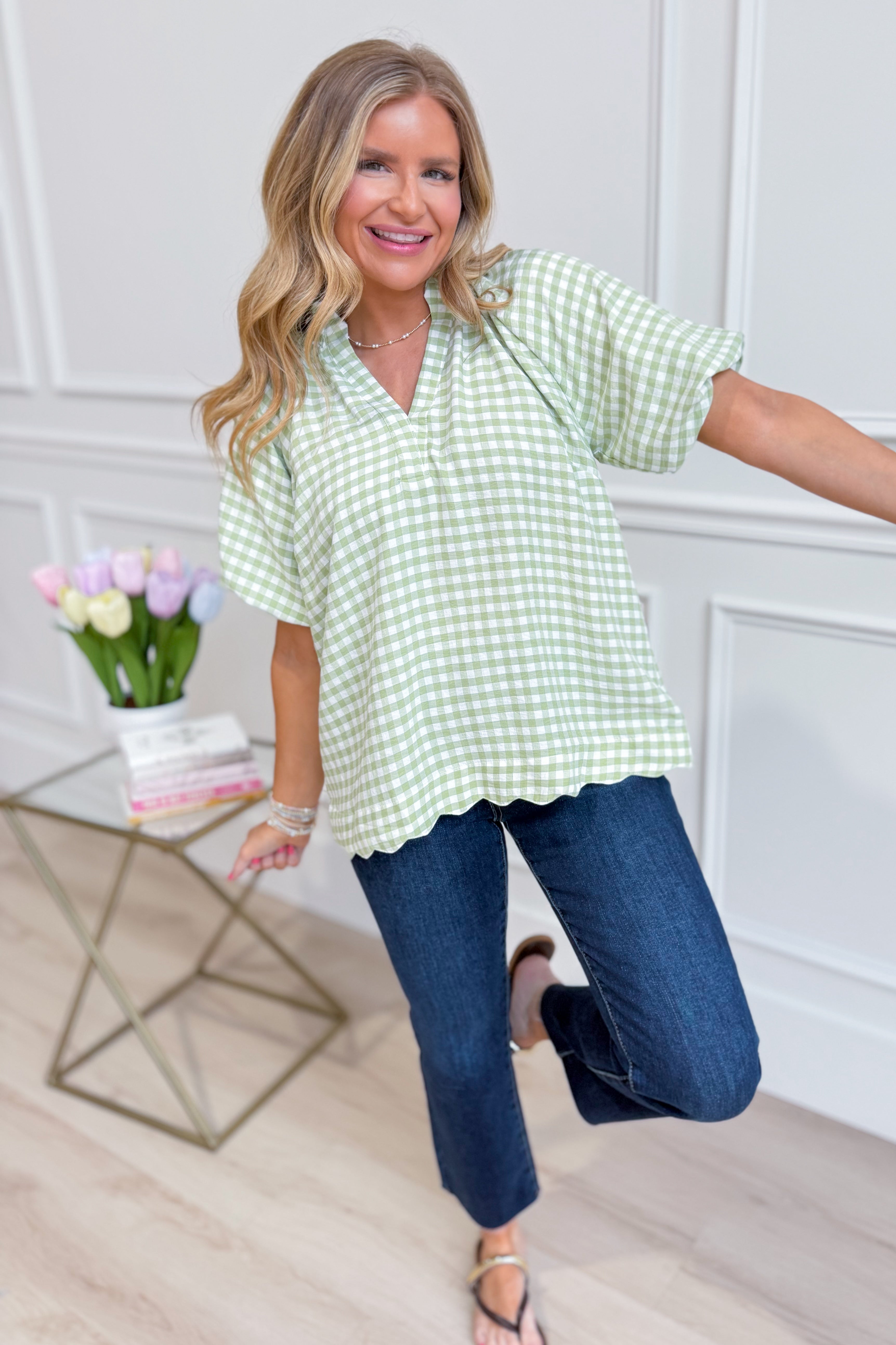 UMGEE USA Rowan Sage Plaid Puff Sleeve Top, stylish printed dressy blouse with puff sleeves and plaid pattern.