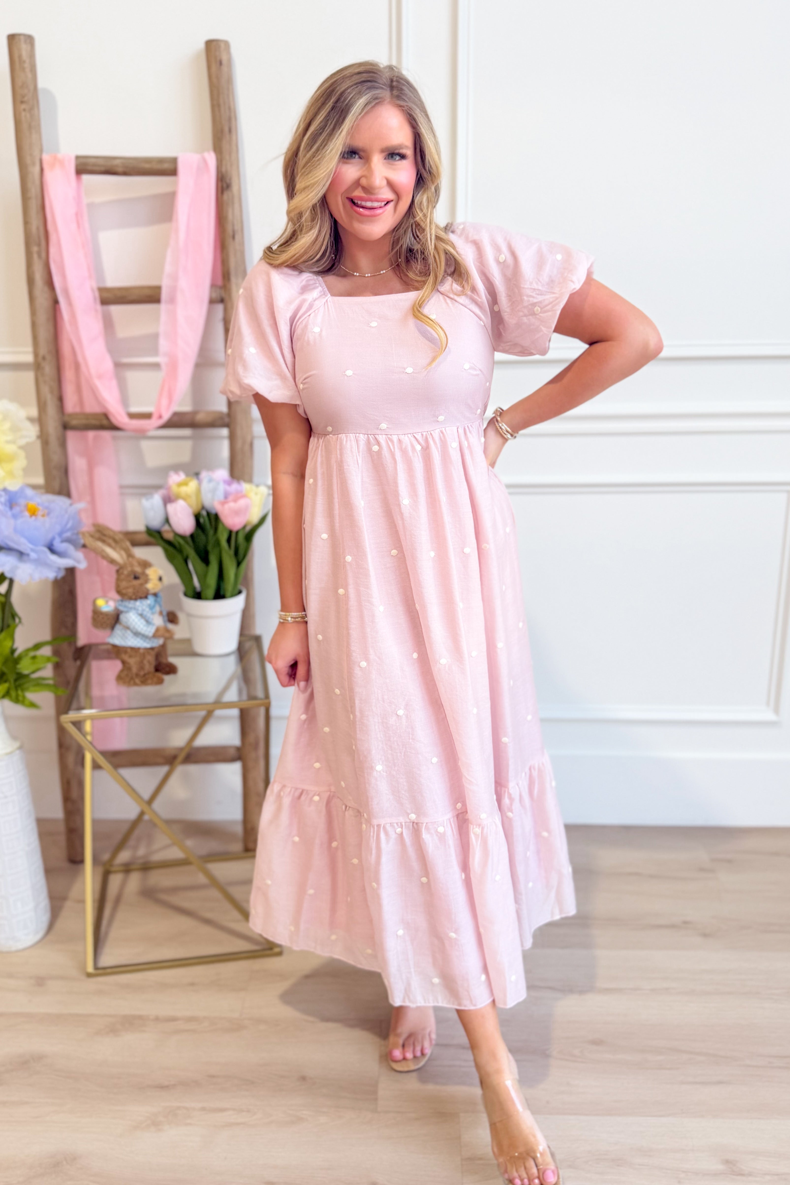 Pamela Blush Embroidered Dotted Dress - Be You Boutique
