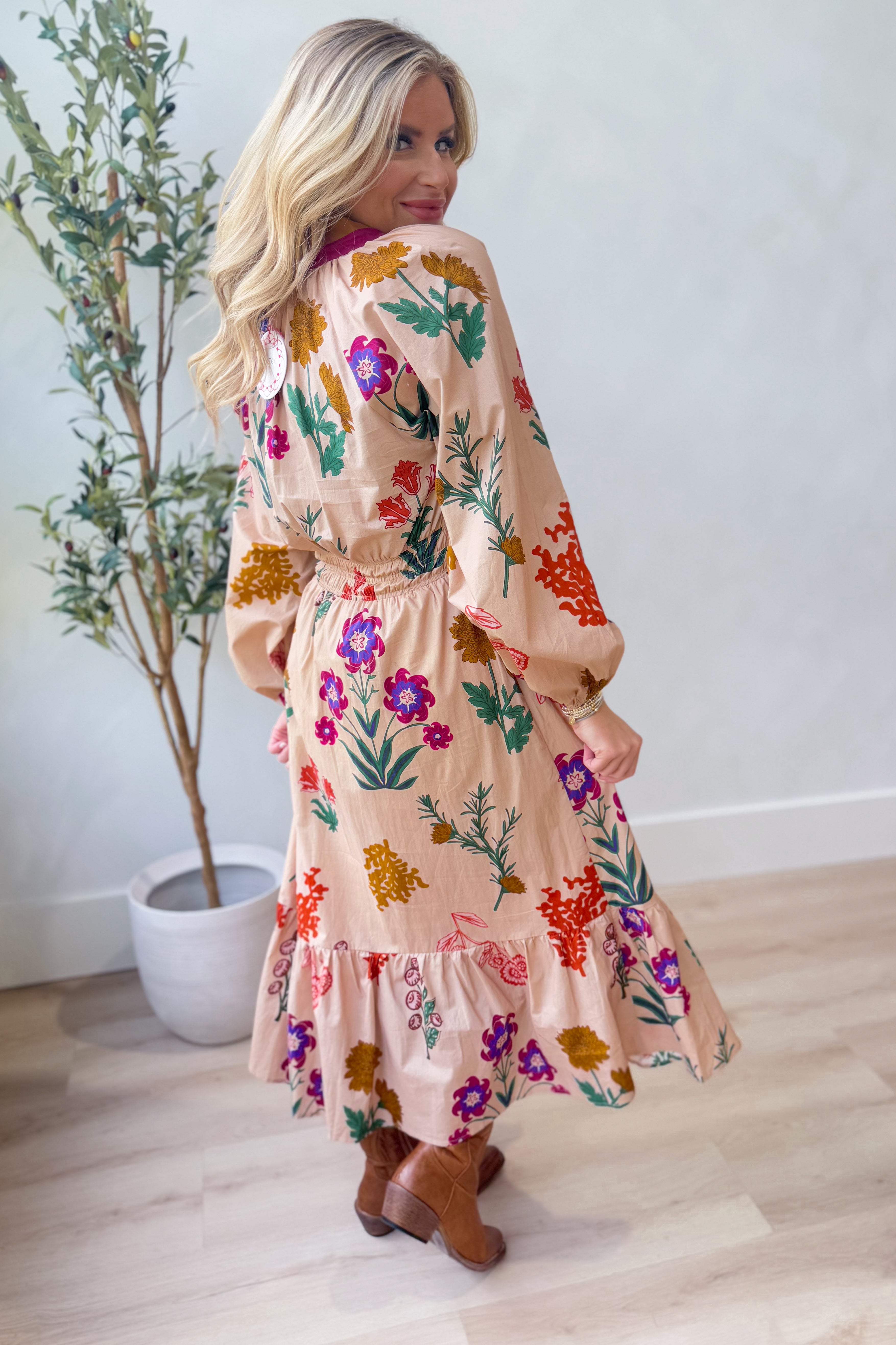 London Floral Printed Smocked Waist Midi Dress - Be You Boutique