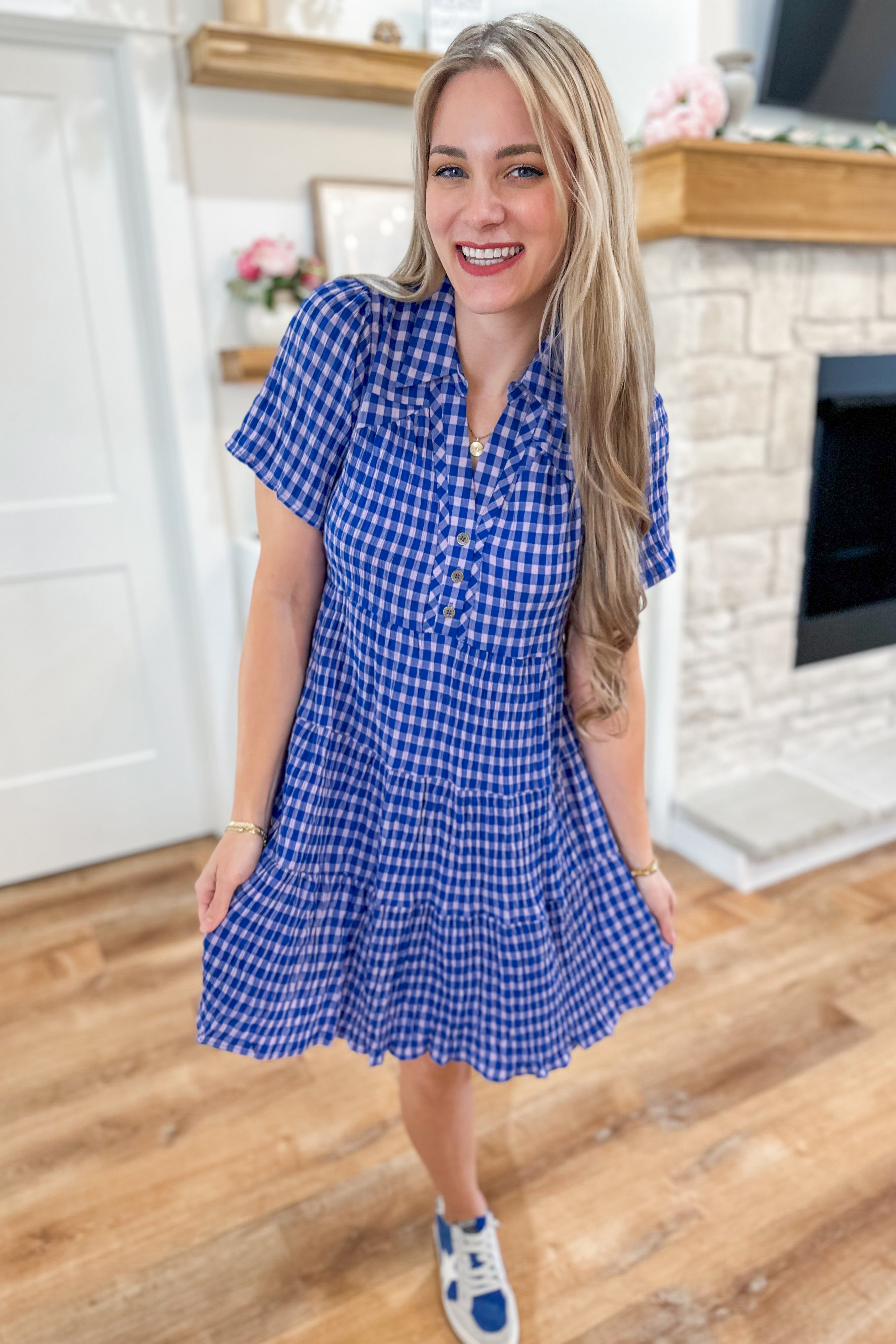 Michelle Gingham Tiered Collared Button Short Sleeve Dress - Be You Boutique