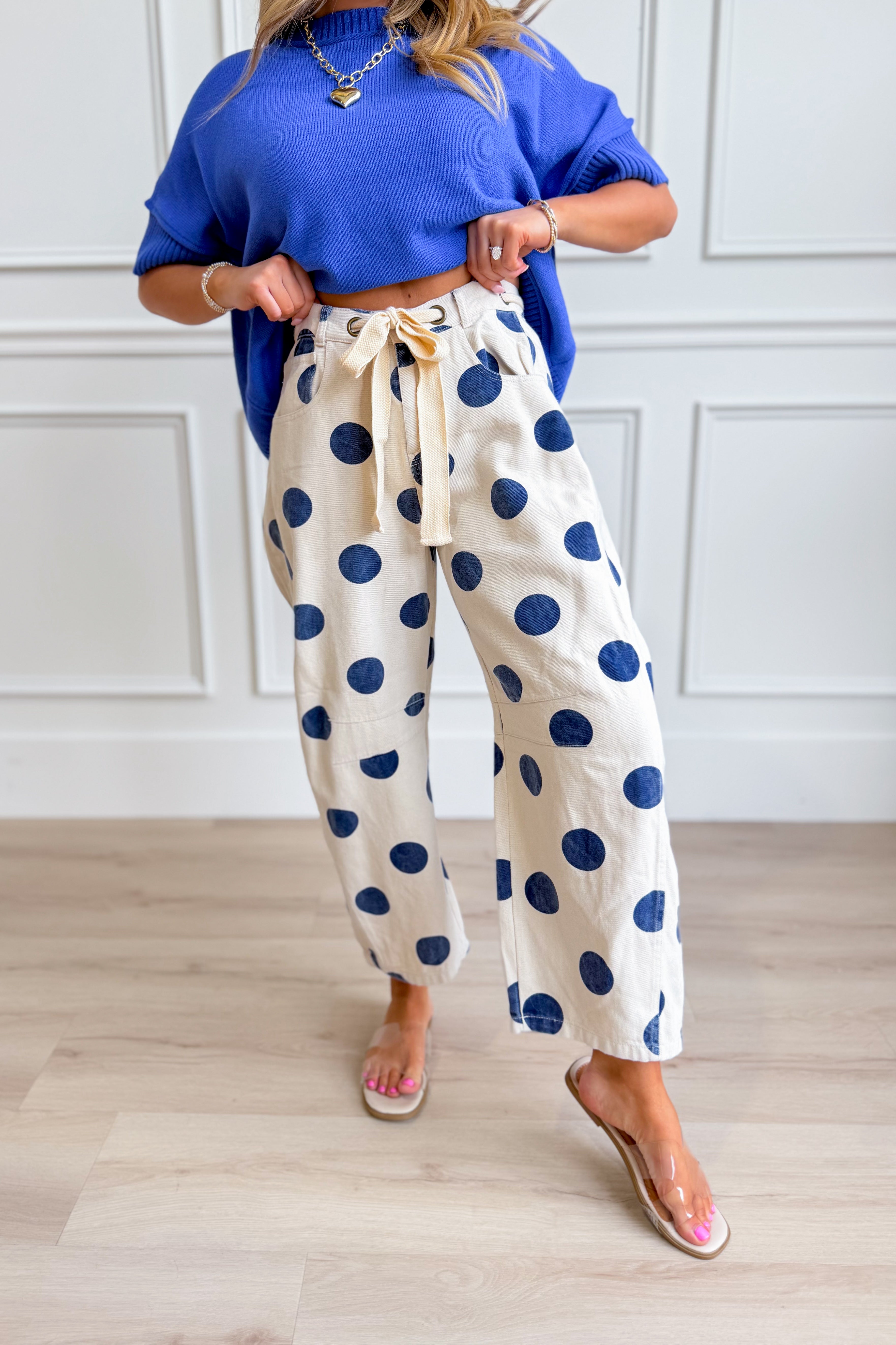 Peach Love Logan Polka Dot Barrel Jeans in novelty denim with a relaxed fit and stylish polka dot pattern.