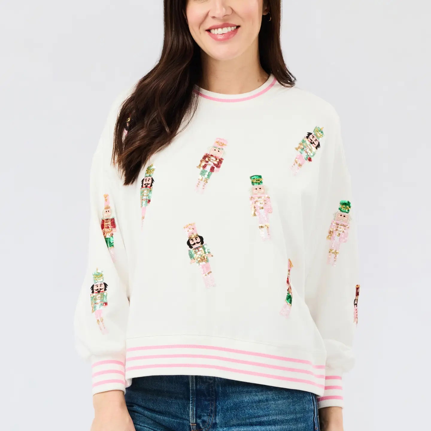 Millie Nutcracker Sequin Pullover Sweatshirt from Mary Square, featuring festive sequin details and a cozy graphic sweatshirt design.