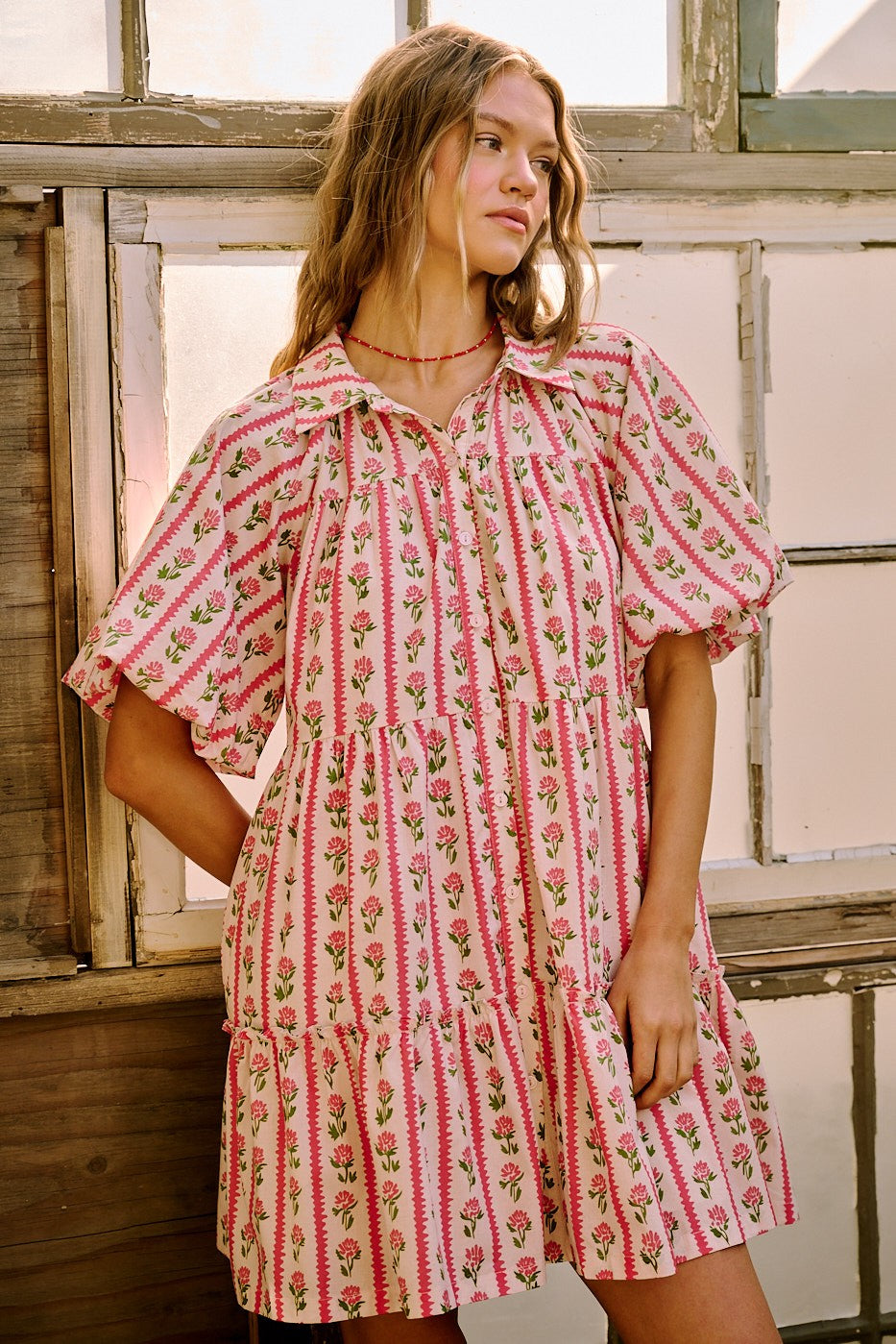 Mia floral stripe print dress by MITTOSHOP featuring a stylish, flowy design with colorful floral and stripe patterns.
