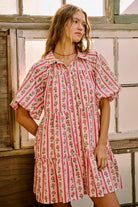 Mia floral stripe print dress by MITTOSHOP featuring a stylish, flowy design with colorful floral and stripe patterns.