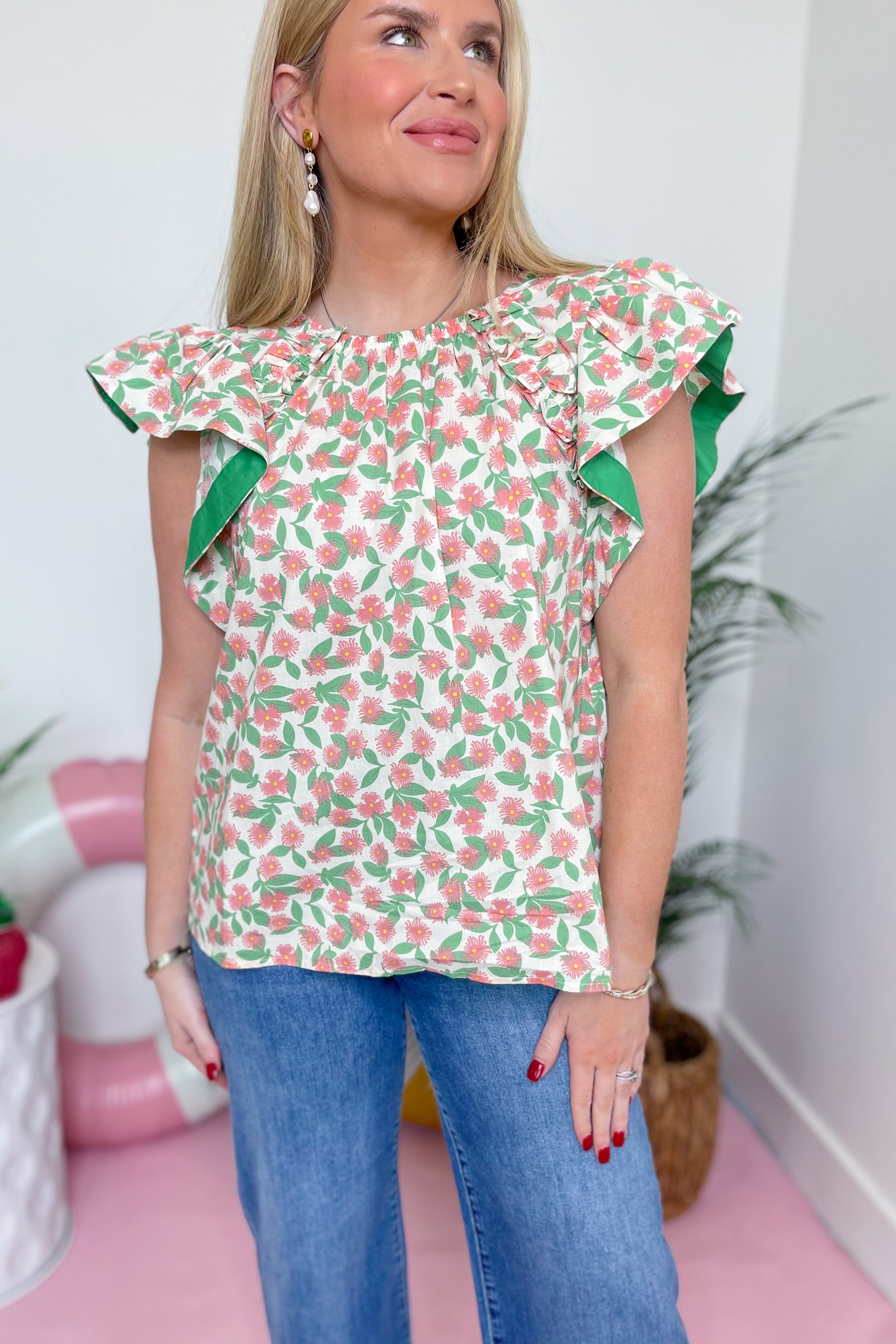 Anna Floral Printed Flutter Sleeve Top - Be You Boutique