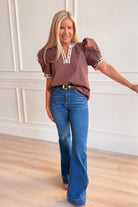 Lori Leopard Trim Puff Sleeve Top - Be You Boutique