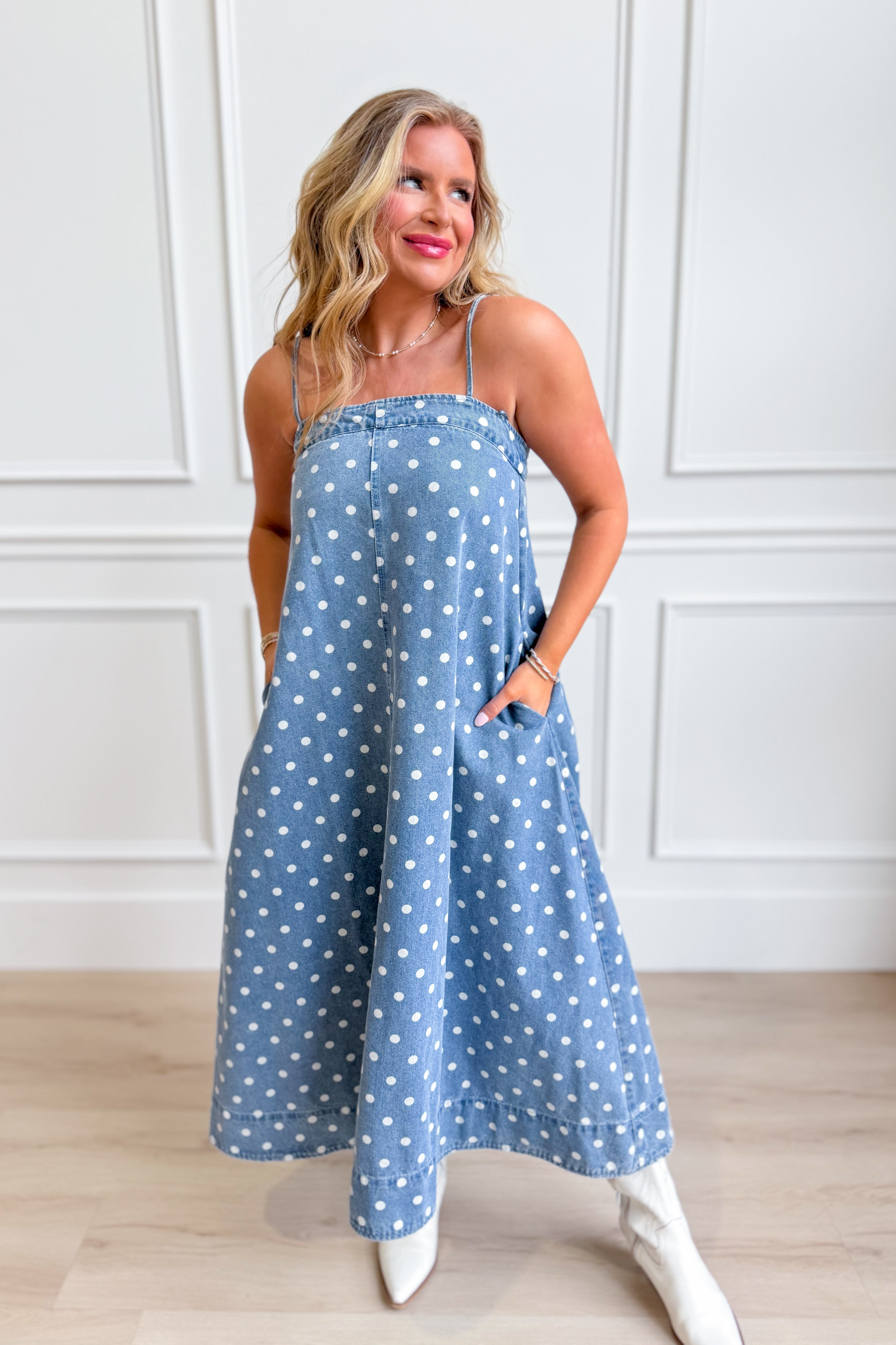 Aureum Mia Polka Dot Denim Dress featuring a fitted bodice, short sleeves, and a flared skirt with white polka dots on blue denim.