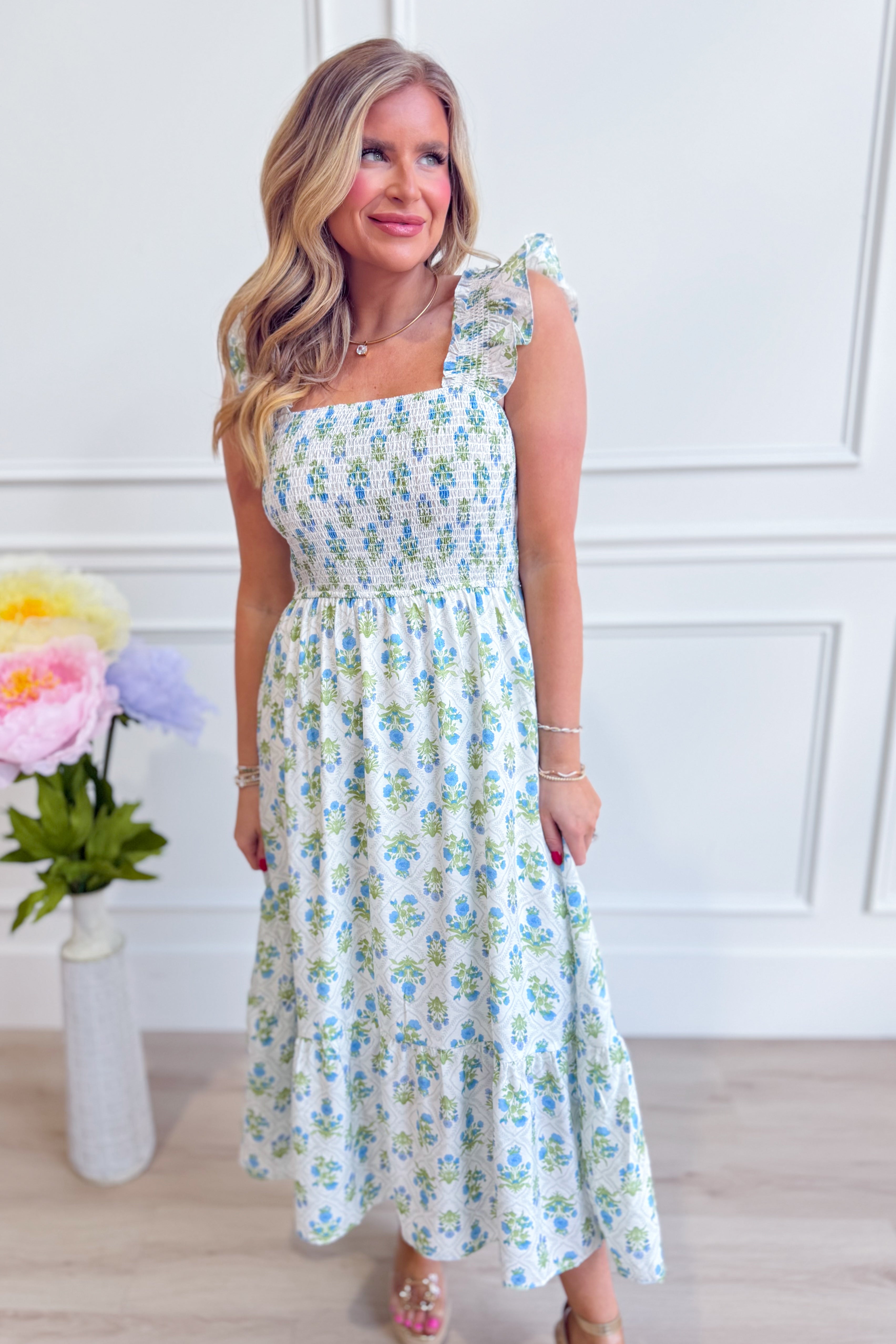 BLU PEPPER Tabatha floral tulle midi dress with a flowy silhouette, featuring a delicate floral pattern and elegant design.