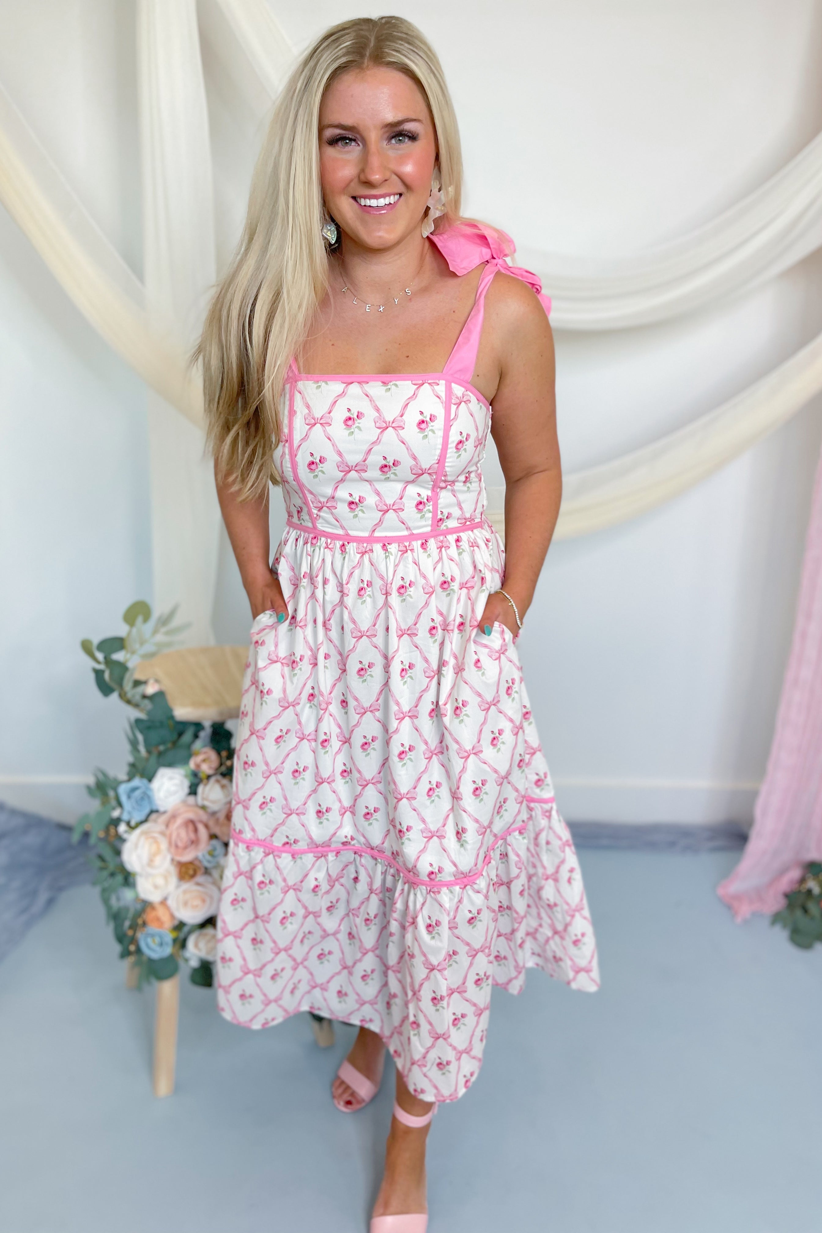 Lilly Bow Shoulder Straps Midi Dress - Be You Boutique