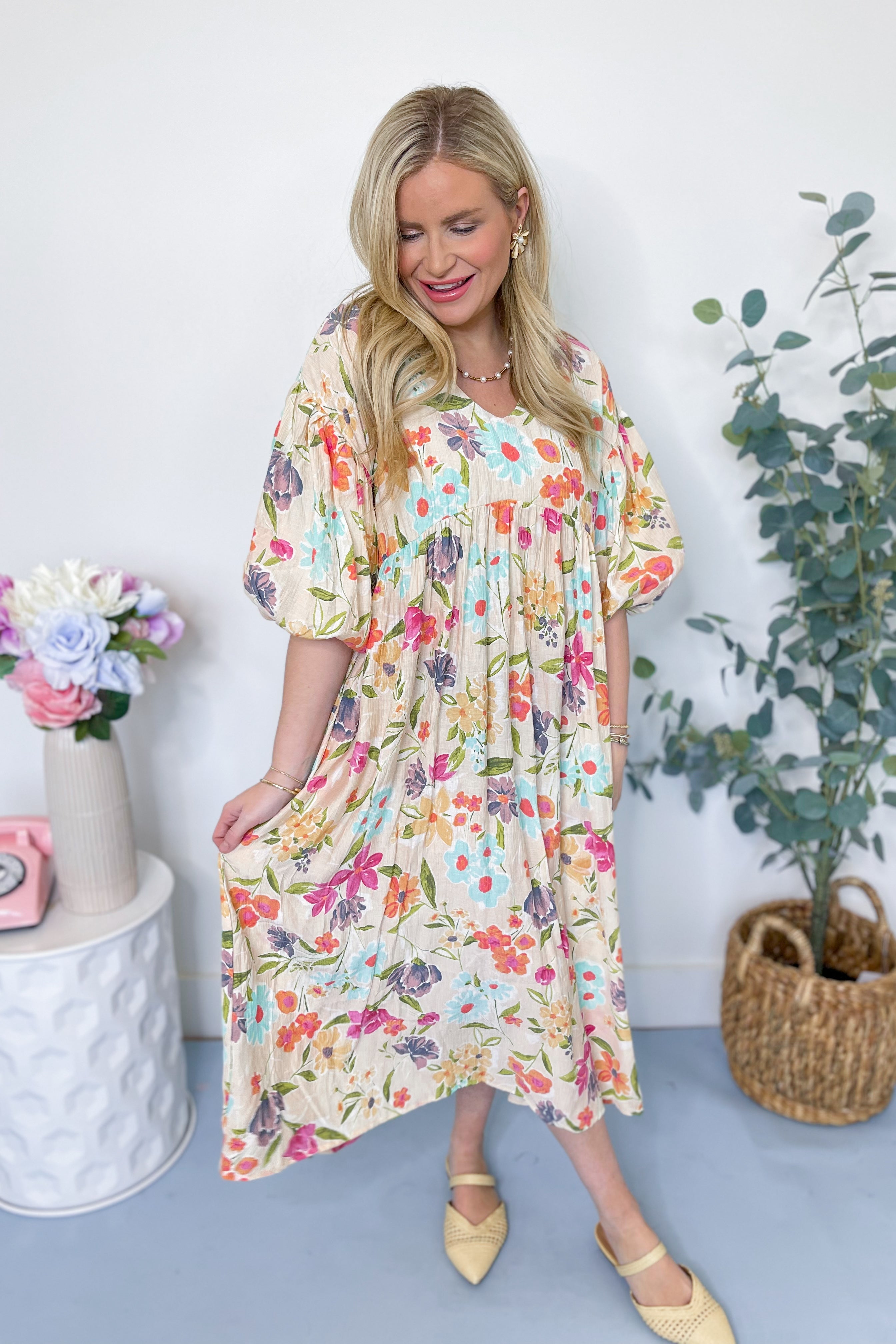 Serena Blossom Print Bubble Sleeve Maxi Dress - Be You Boutique