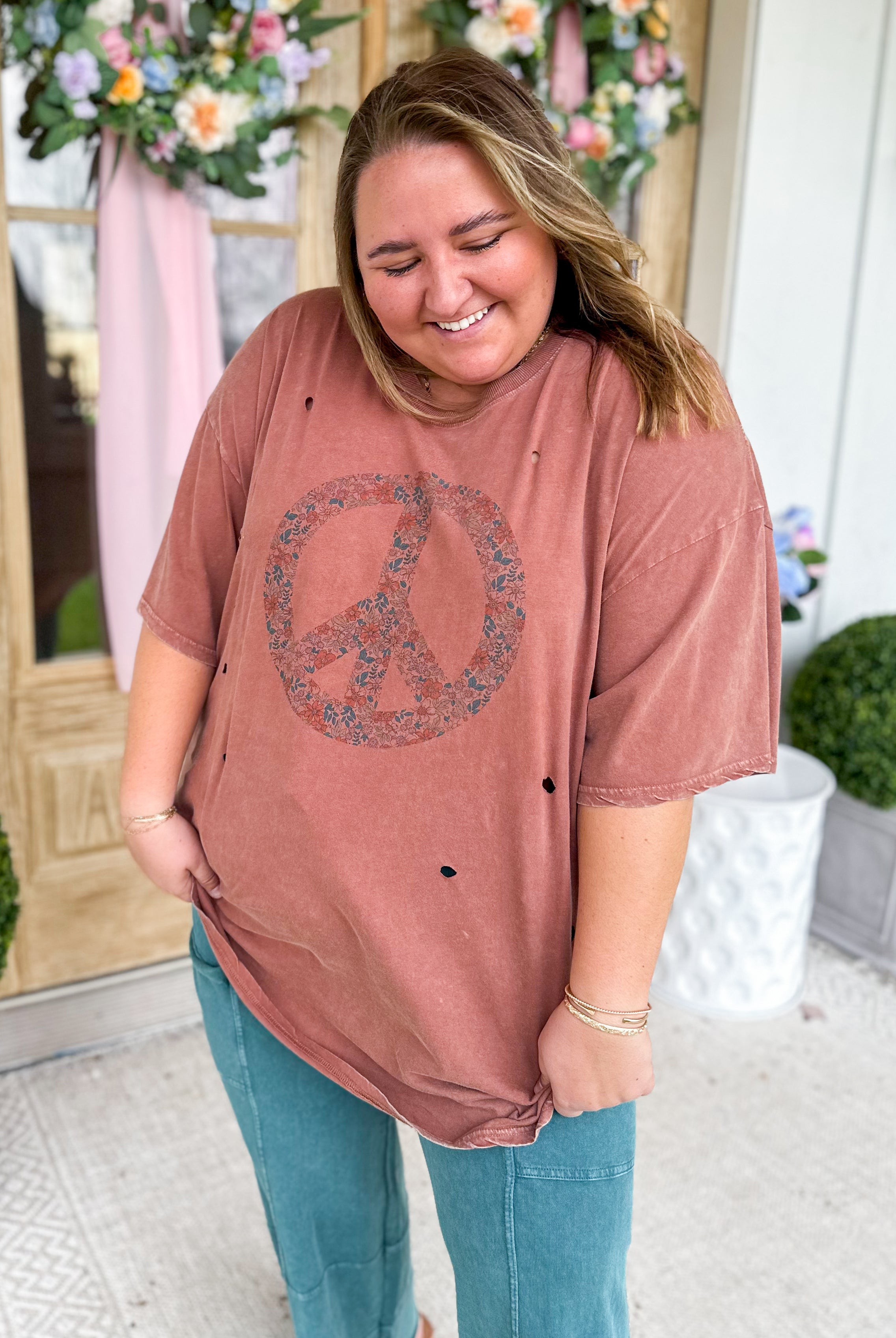 Peace Out Short Sleeve Floral Print Washed Tee - Be You Boutique