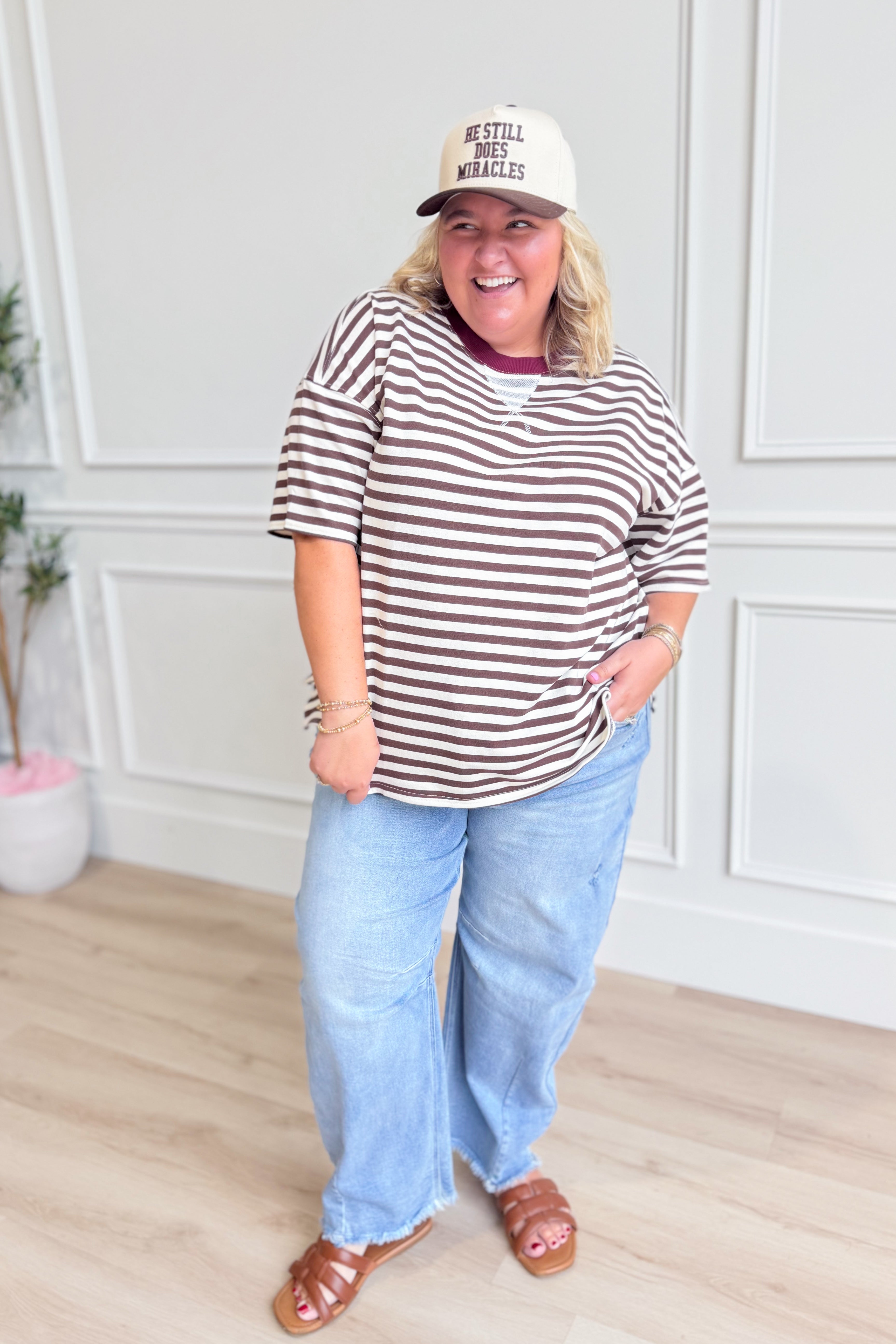 BLU PEPPER Ryan Brown color block casual top, 105 style, featuring a modern design with contrasting fabric blocks.