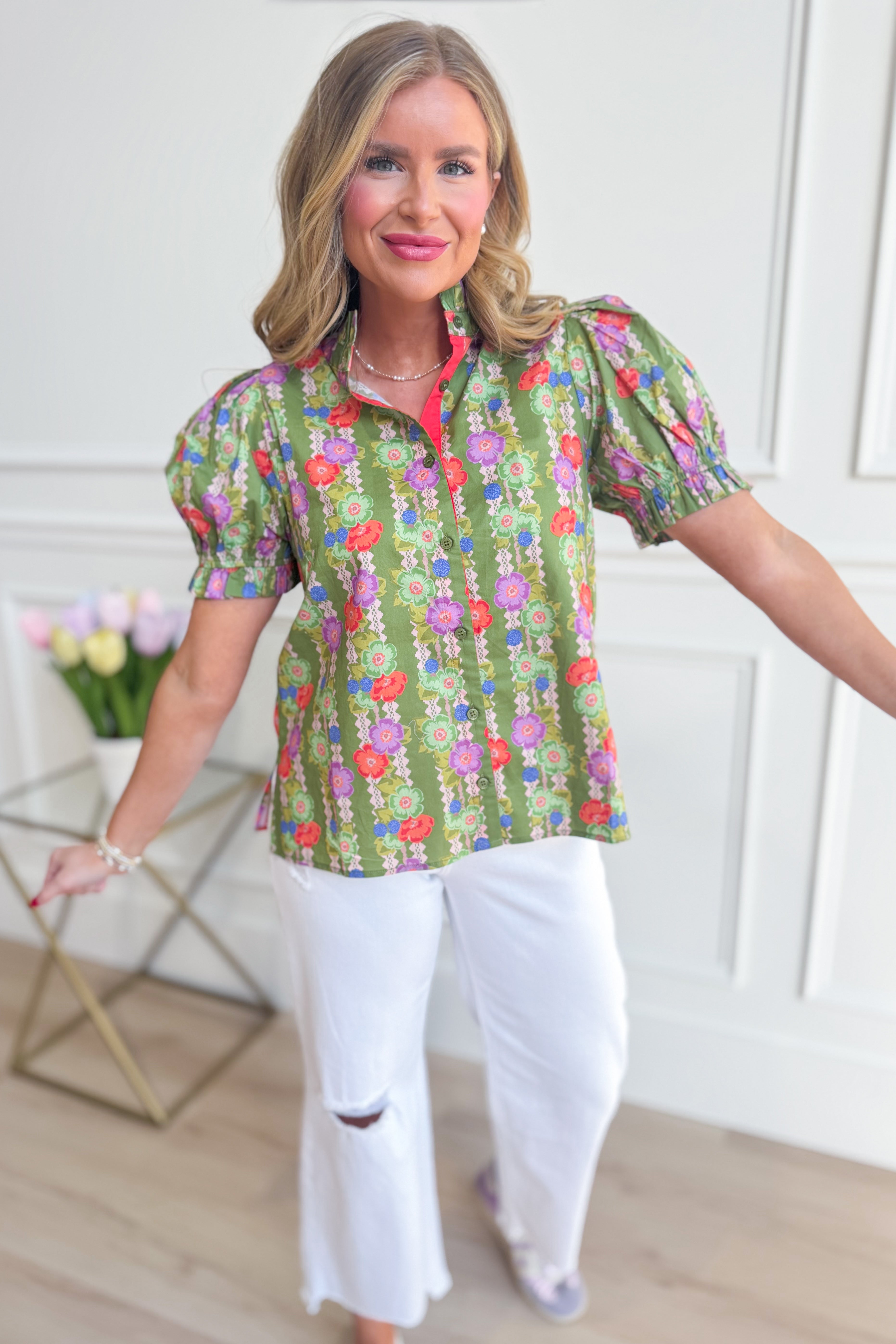 JODIFL Gretta contrasted accent button-down top, a stylish dressy blouse with contrasting details and a classic collar.