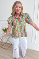 JODIFL Gretta contrasted accent button-down top, a stylish dressy blouse with contrasting details and a classic collar.