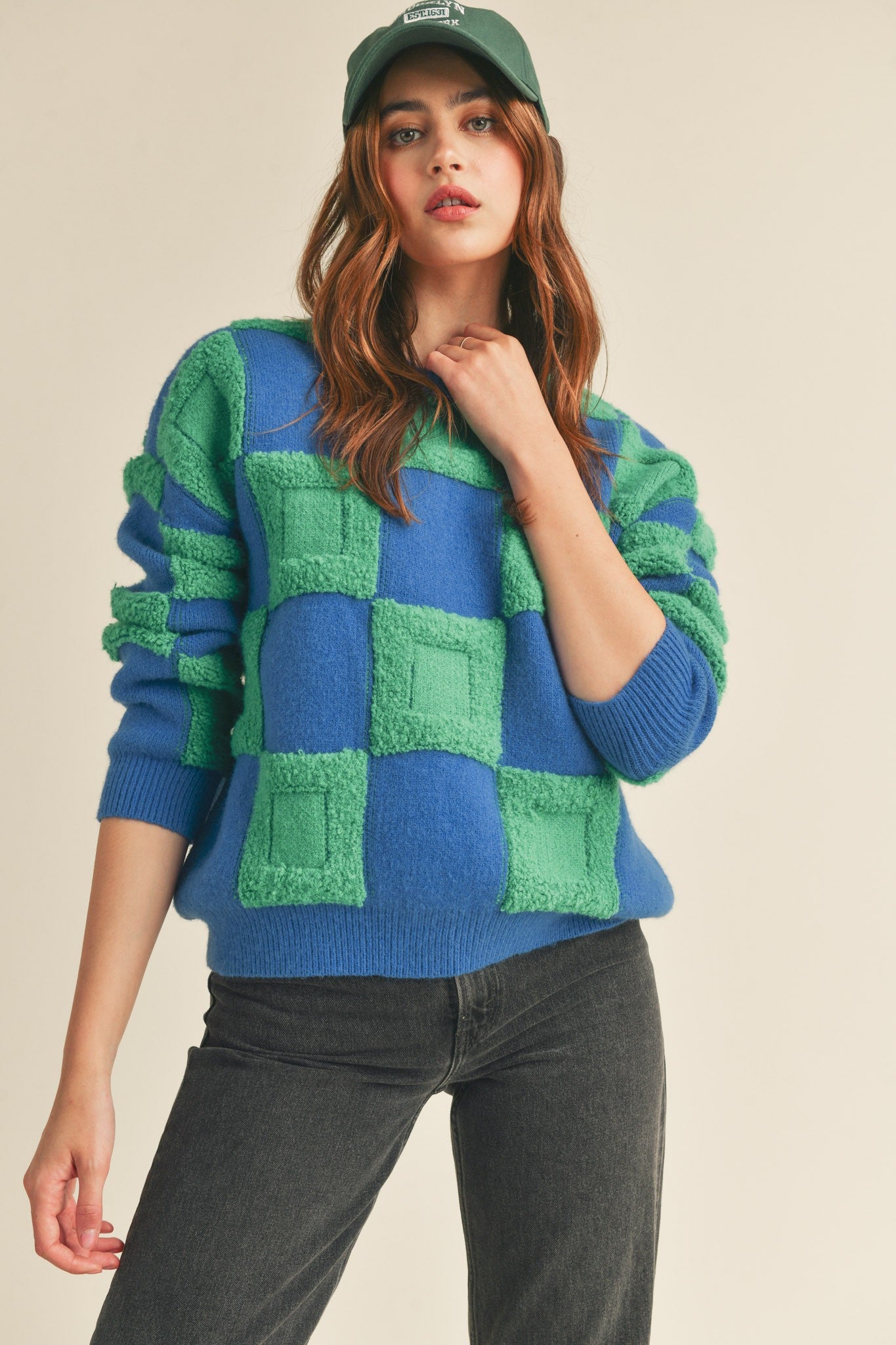 Margie Textured Checkered Pullover Ribbed Sweater - Be You Boutique