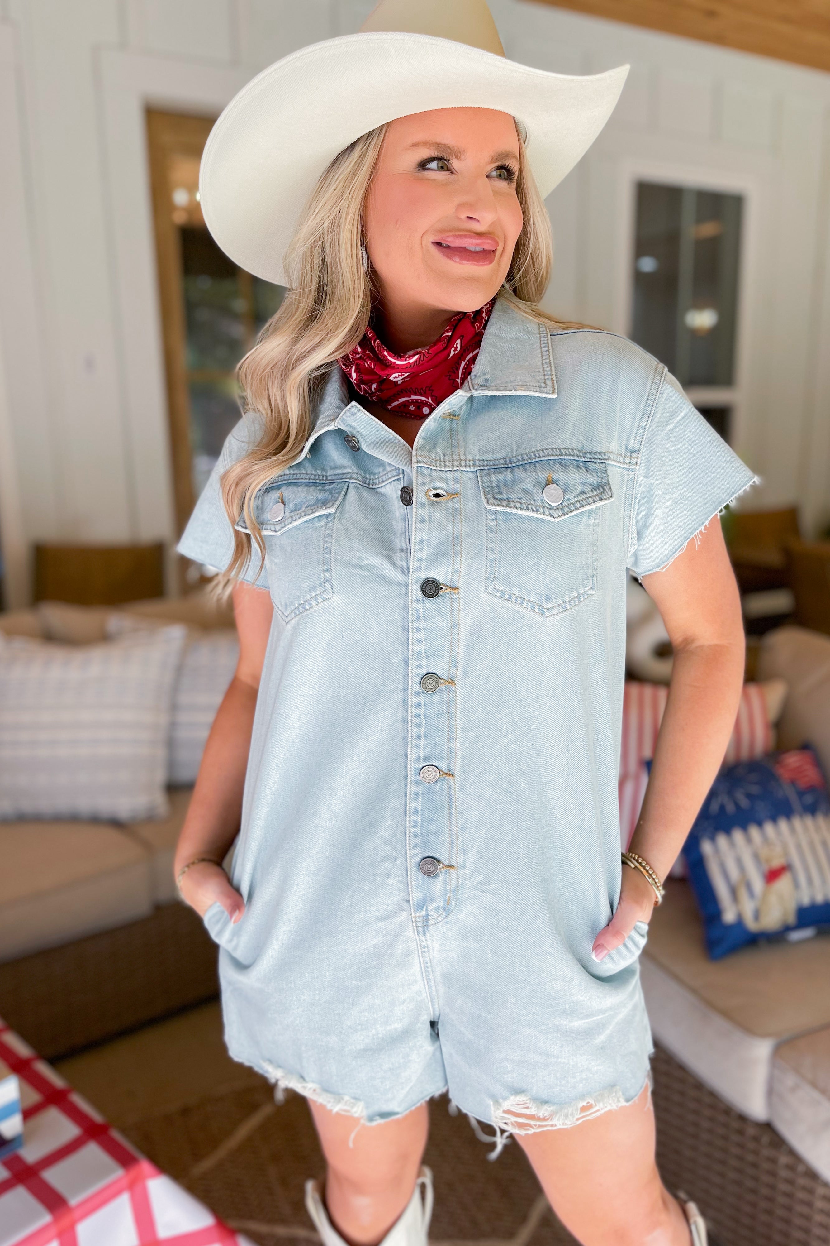 Medley Cotten Denim Romper With Distressed Detail - Be You Boutique