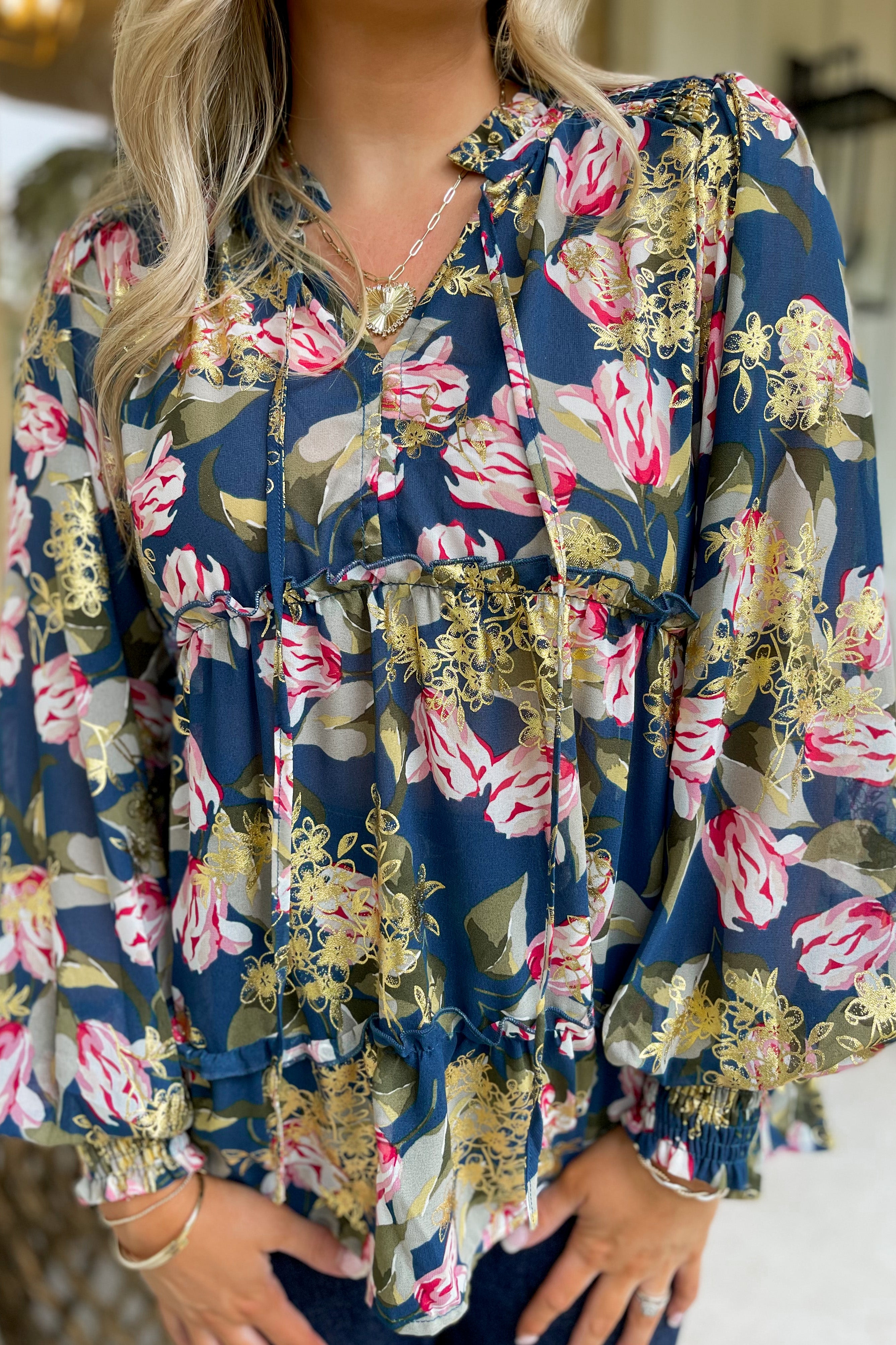 Barclay Gold Foil Floral Print Long Sleeve Top - Be You Boutique