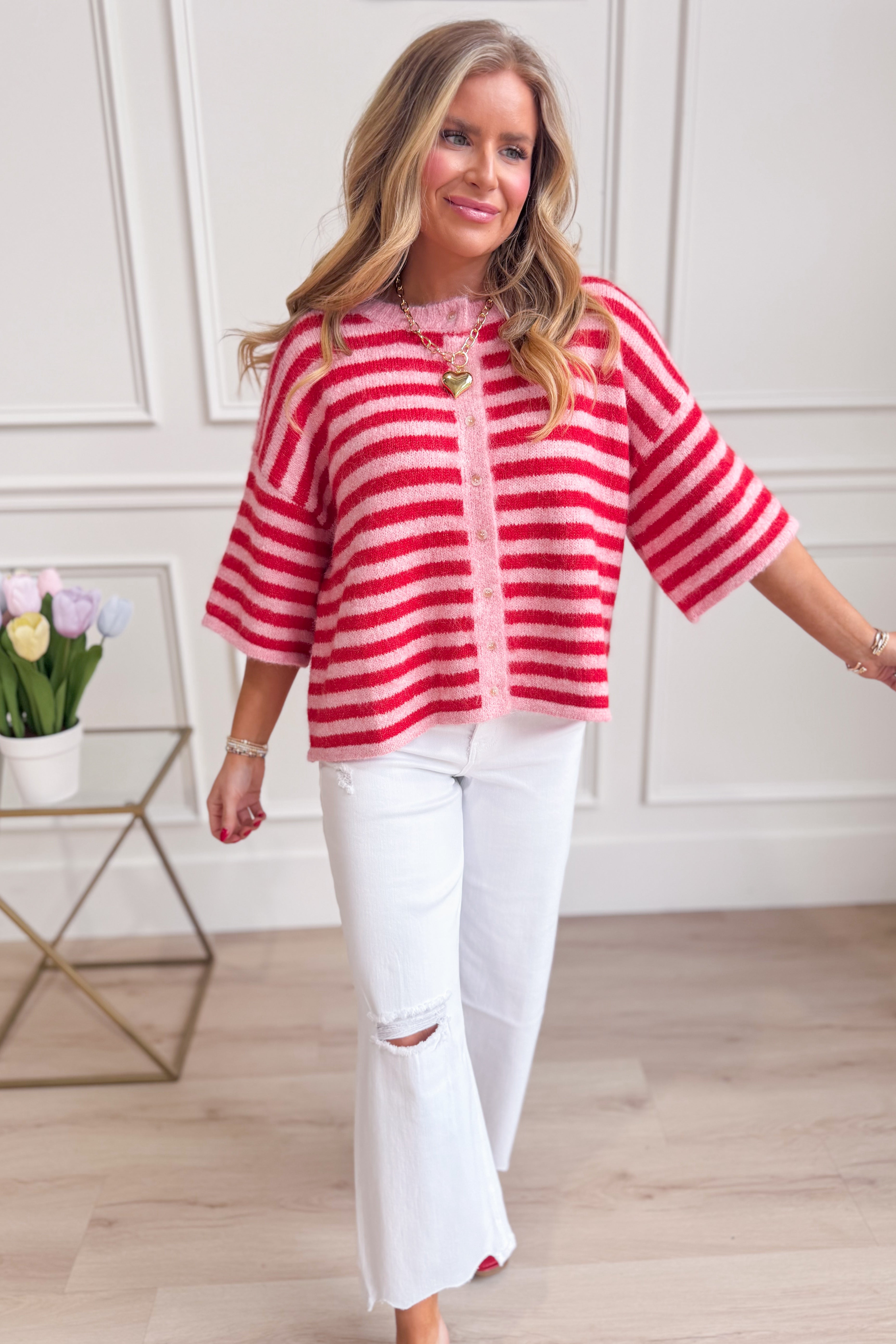Lauren pink striped button-down cardigan top by BAEVELY, featuring a soft knit fabric and classic spring sweater style.