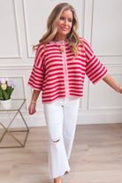 Lauren pink striped button-down cardigan top by BAEVELY, featuring a soft knit fabric and classic spring sweater style.