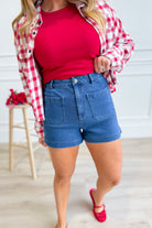 ENTRO Cody denim front pocket shorts, 151 denim shorts in classic blue with front pockets, casual summer style.