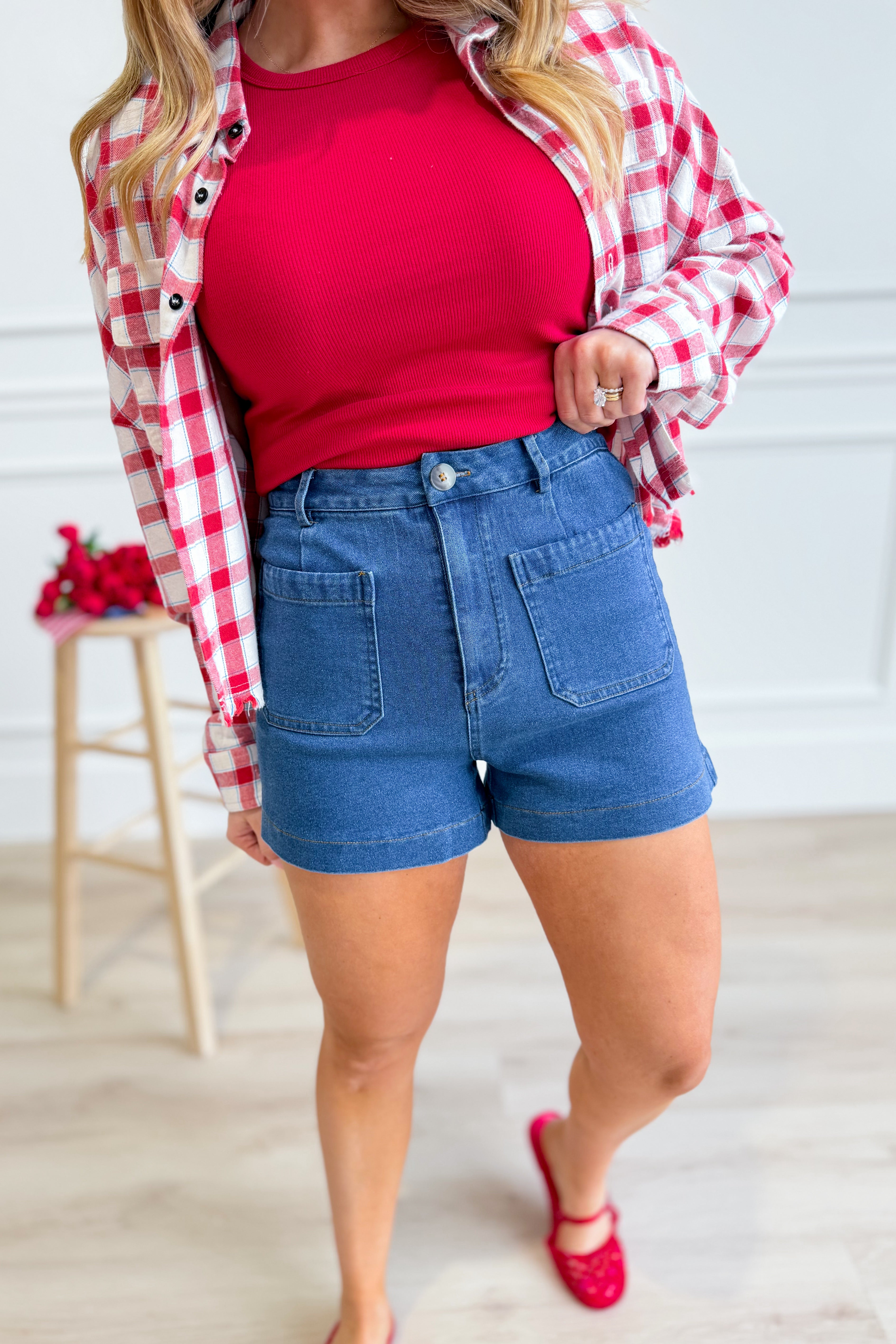 ENTRO Cody denim front pocket shorts, 151 denim shorts in classic blue with front pockets, casual summer style.