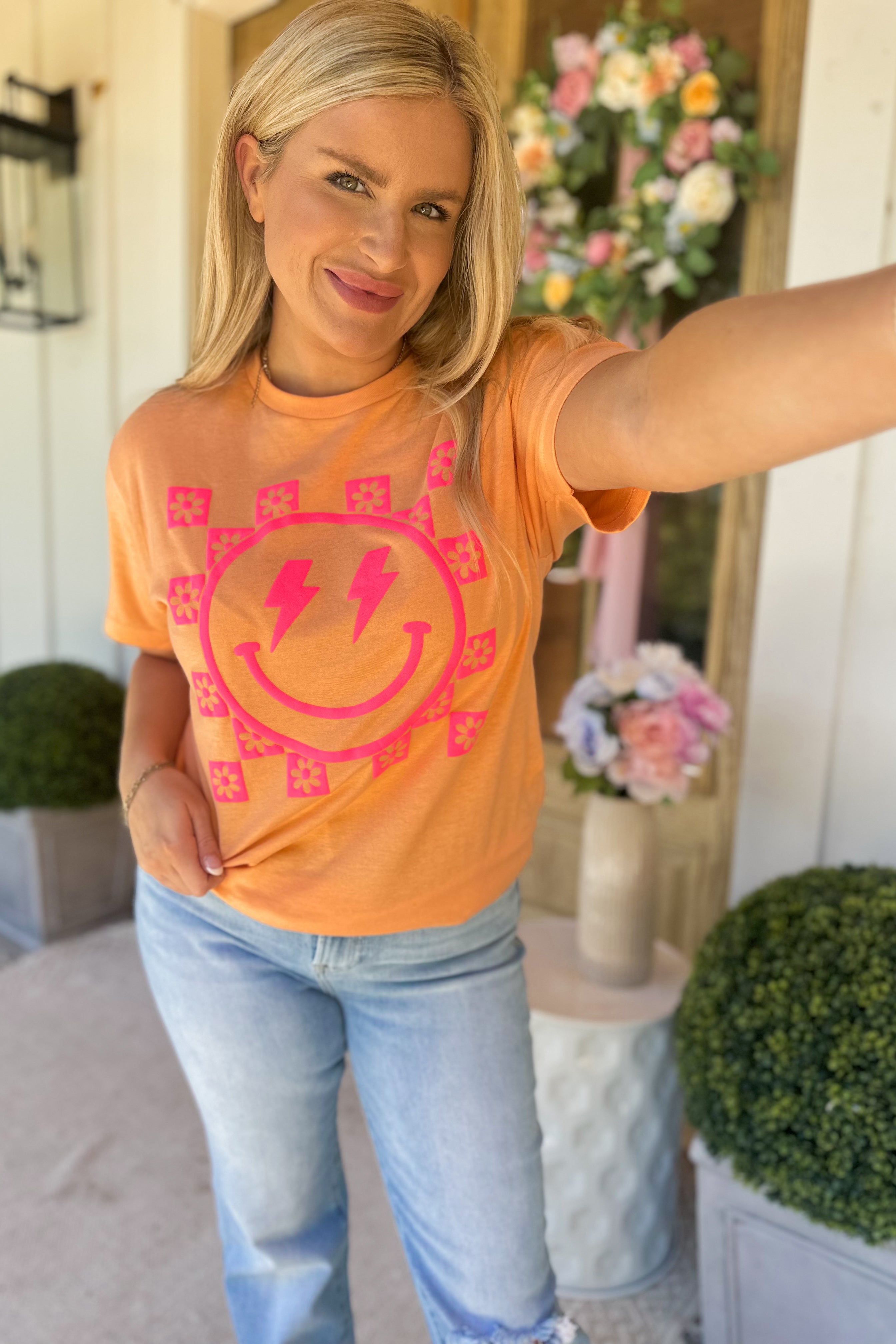 Happy Check Lightening Flower Short Sleeve Graphic Tee - Be You Boutique