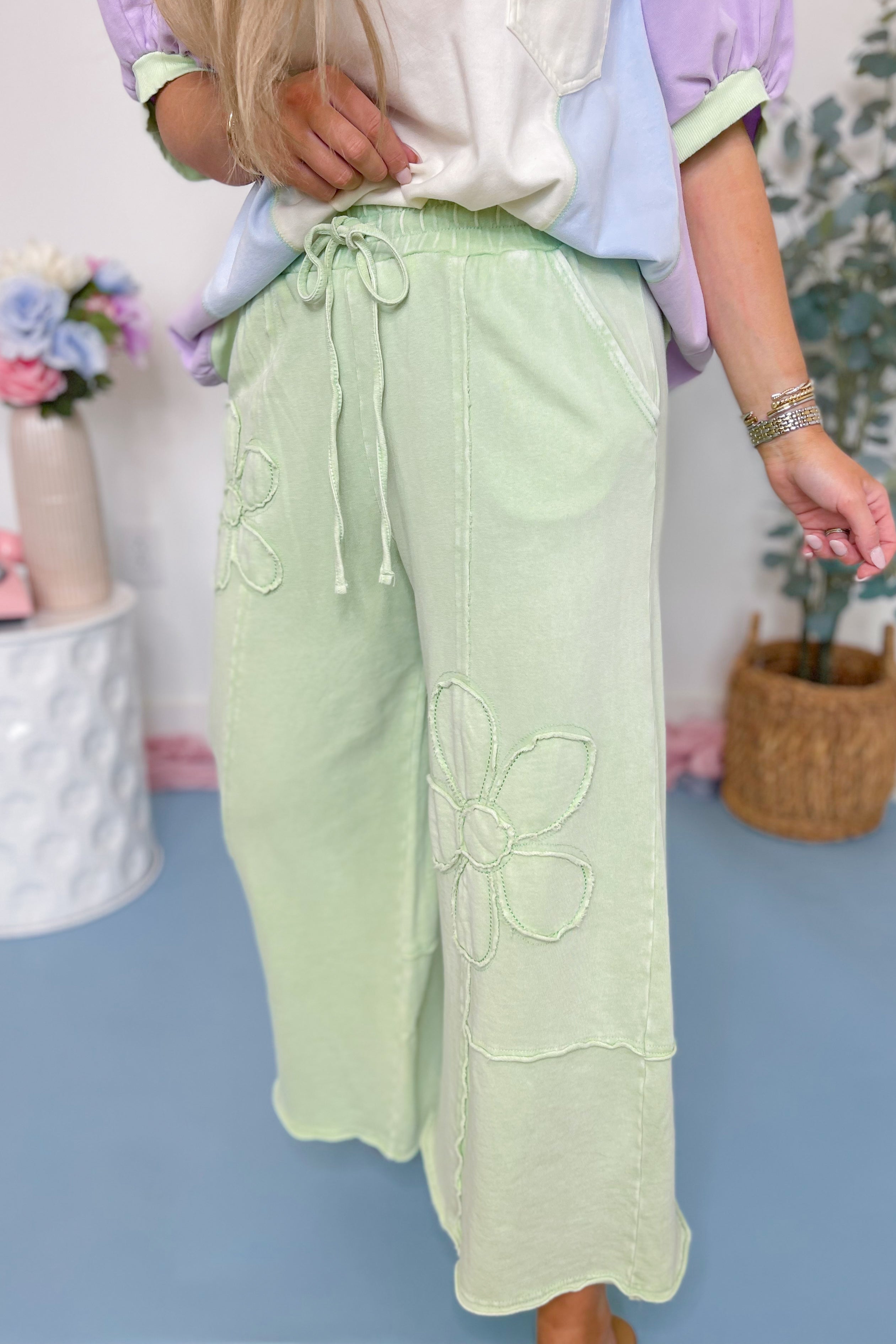 Laura Floral Detail Mineral Washed Terry Knit Wide Leg Pants - Be You Boutique