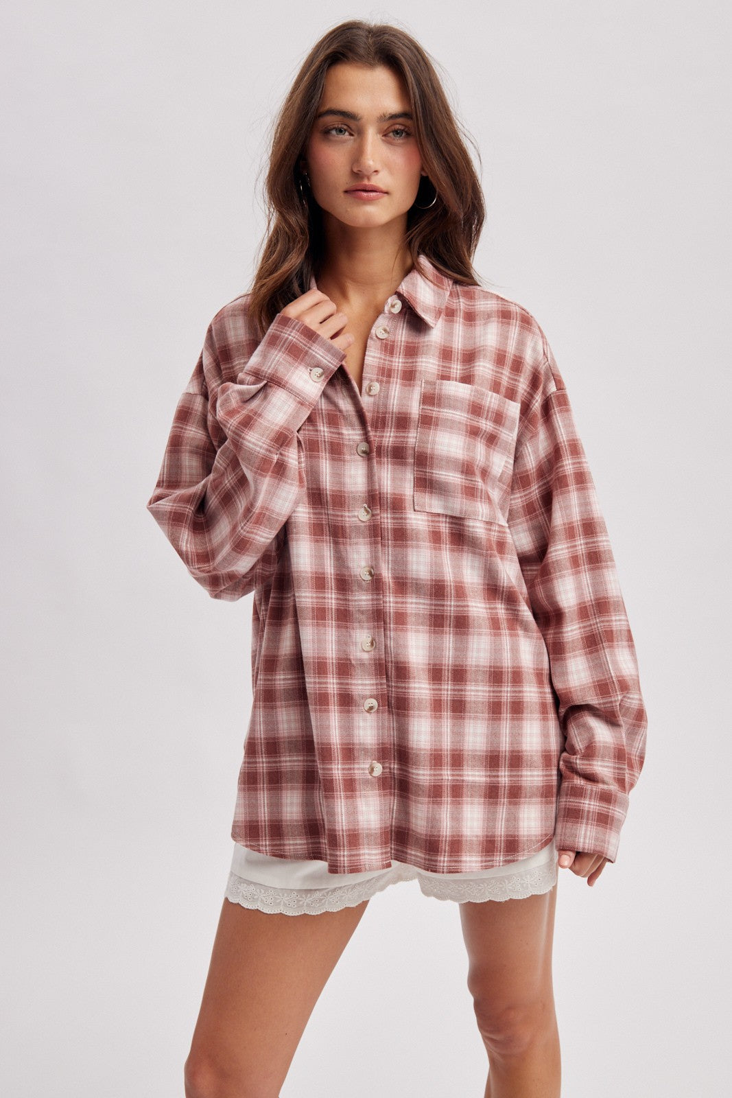 Pink oversized flannel top from Wishlist's Kyle 105 Casual Tops collection, featuring a relaxed fit and soft fabric.