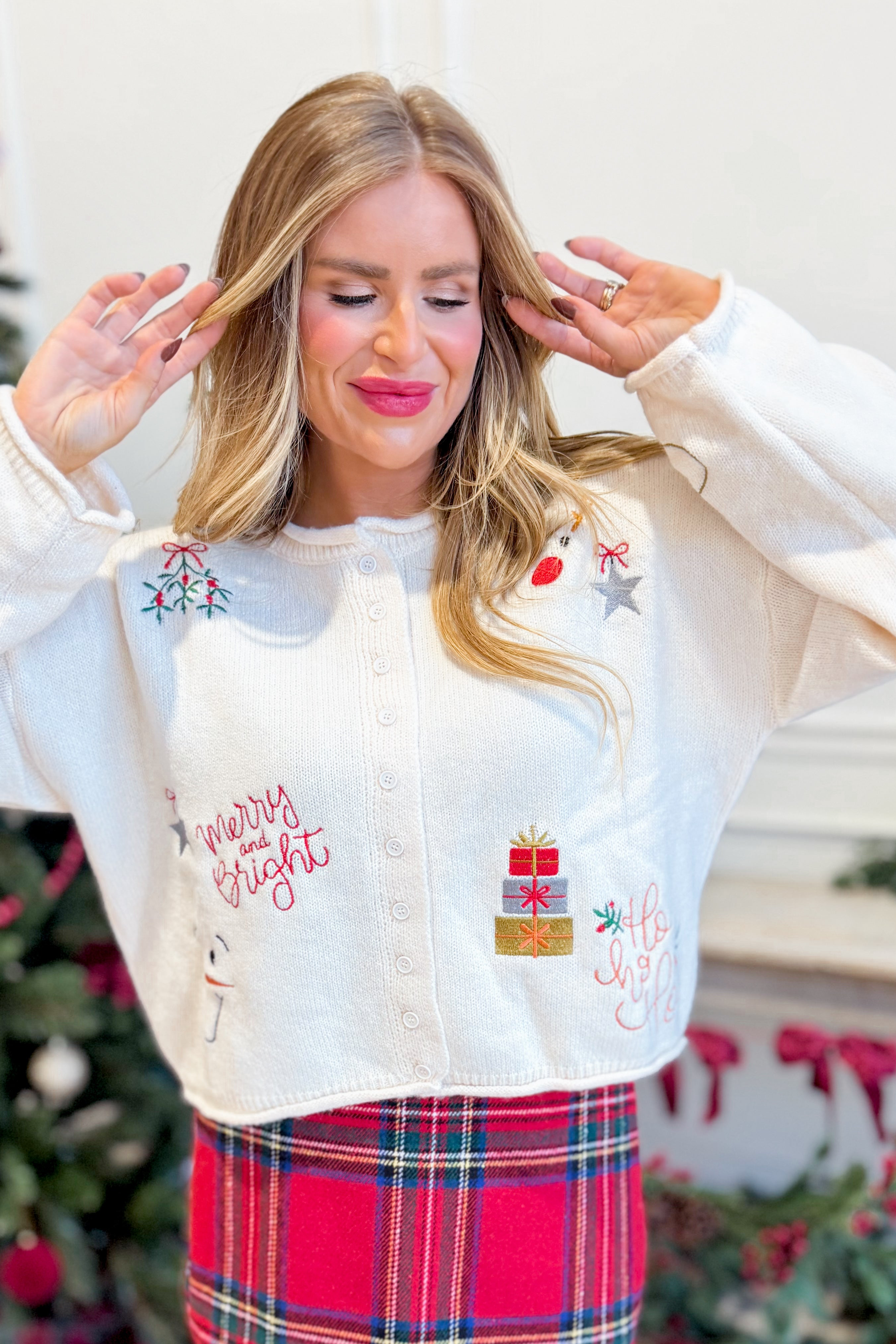 PEACH LOVE Micah embroidered holiday rolled edge cardigan, 132 fall sweater with festive embroidery and cozy knit design.