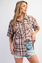 Louisa Plaid Button Down Mineral Washed Shirt Top - Be You Boutique