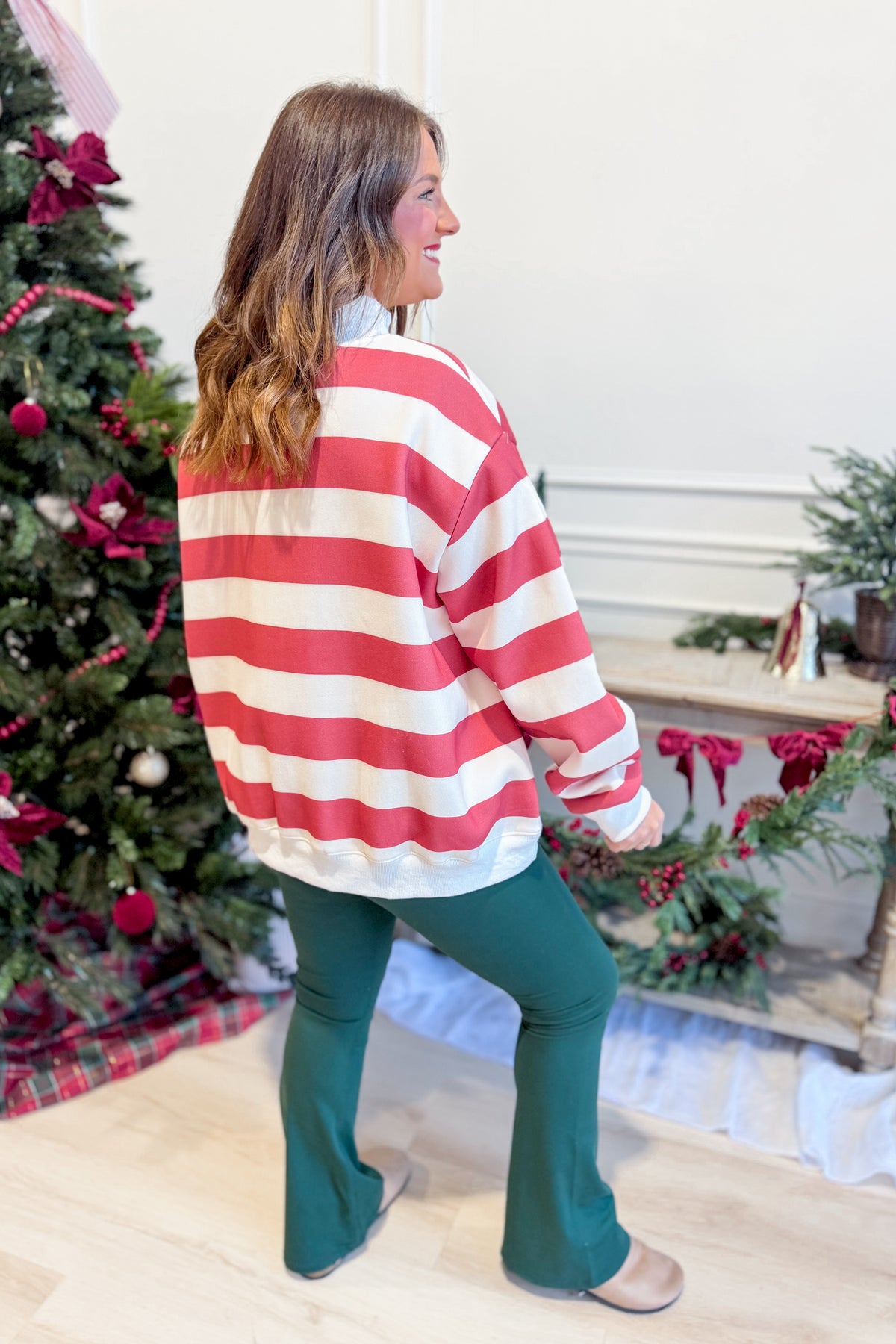 Embroidered Merry striped mock neck sweatshirt from BUCKET LIST, featuring festive embroidery and a comfortable graphic sweatshirt style.