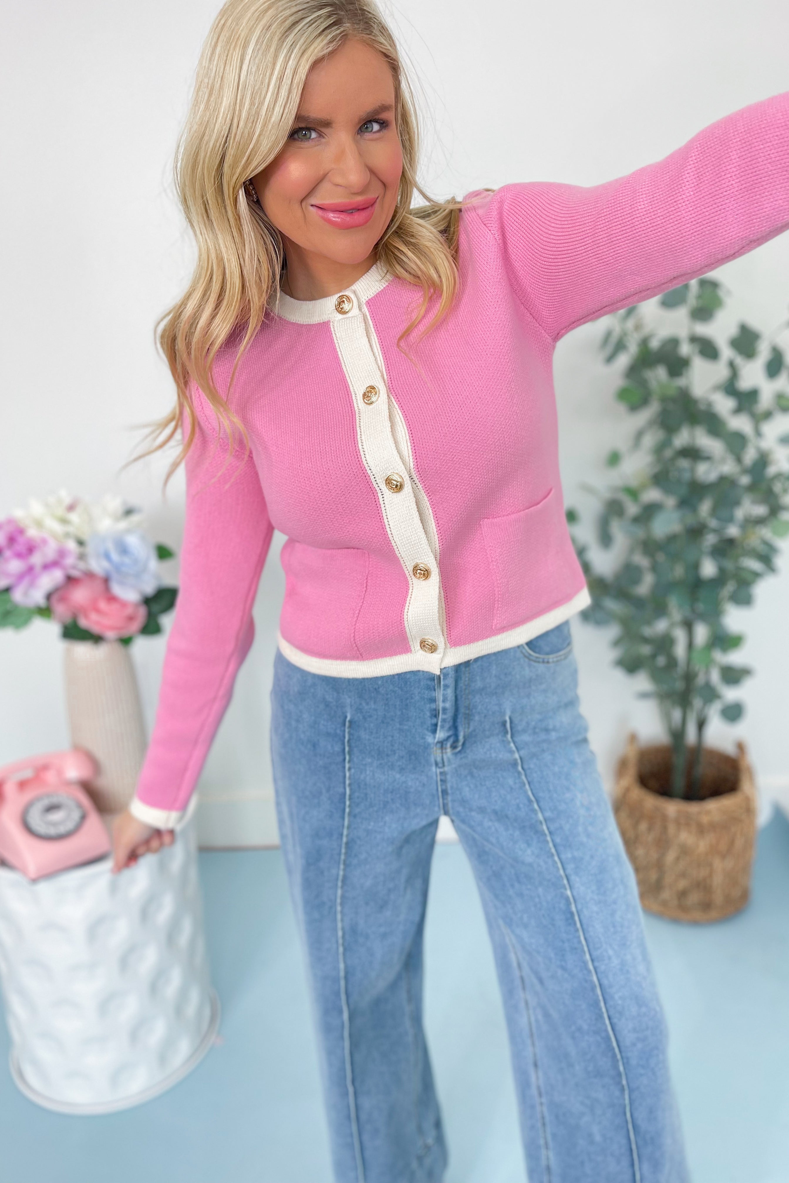 Robin Contrast Trim Gold Button Up Cardigan - Be You Boutique