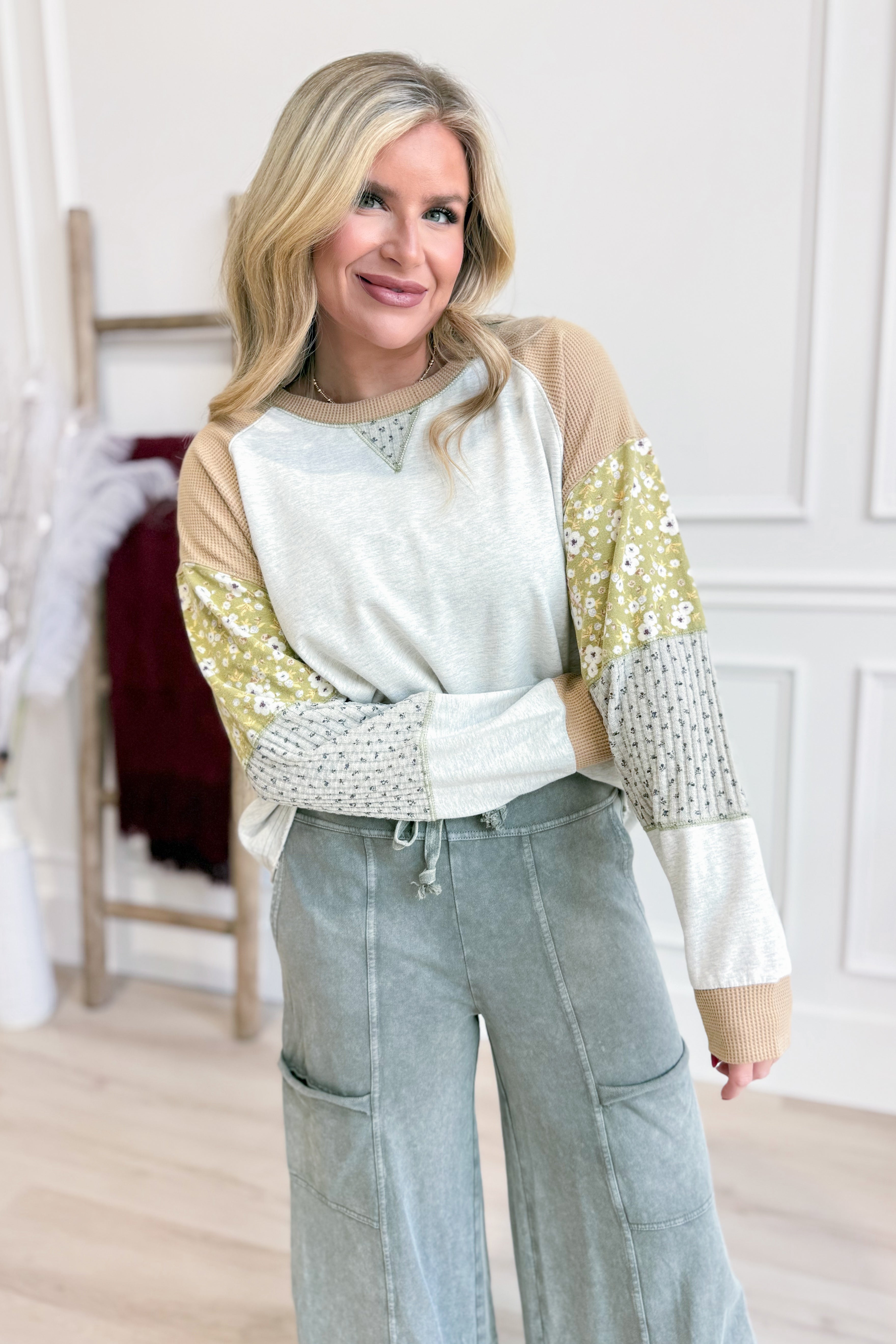 Emily Multi Patchwork Sleeve Pullover Top - Be You Boutique