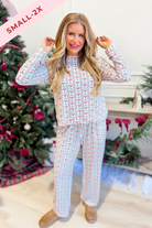 Mary Square Annie Peppermint Twist Pajama Set with pink and white peppermint stripe pants, comfortable and cozy sleepwear for women.