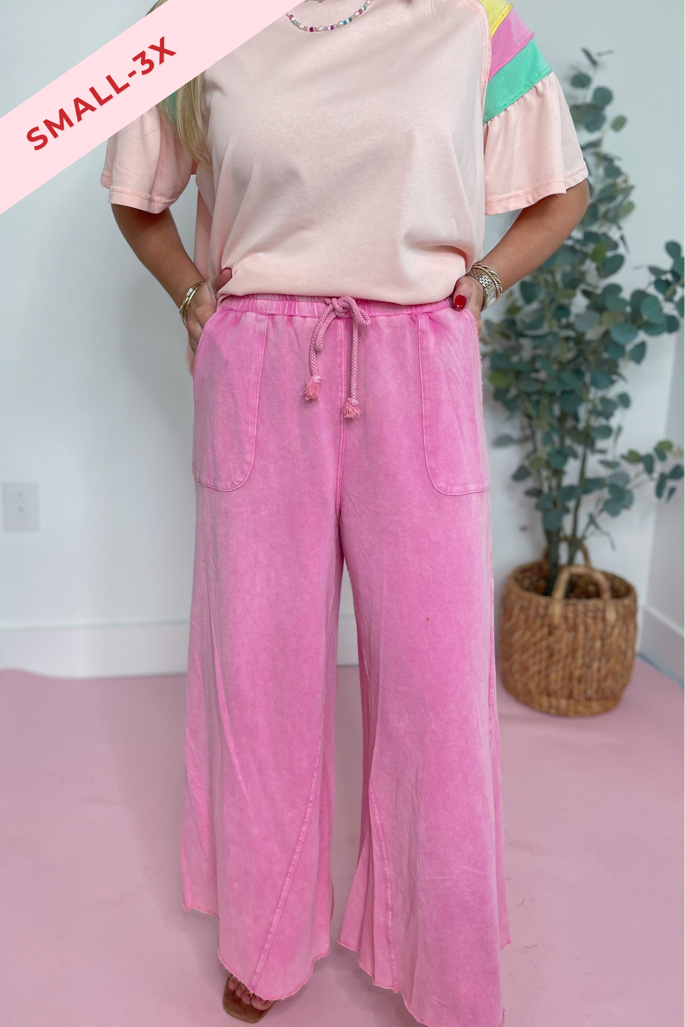 Rachel Washed Terry Knit Wide Leg Pant Bottom [S-3X] - Be You Boutique