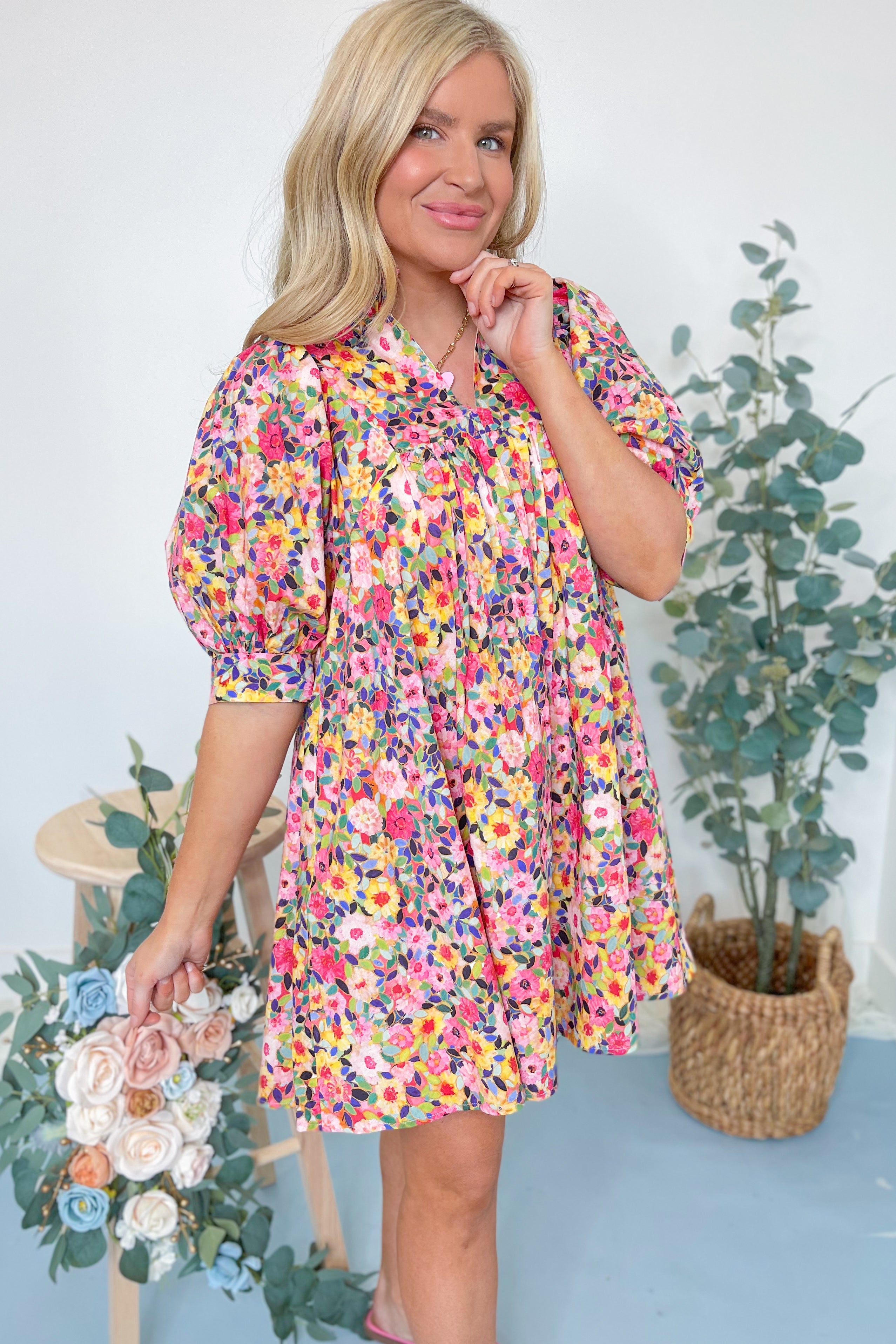 Mia Floral Print Ruffle Neck Dress - Be You Boutique